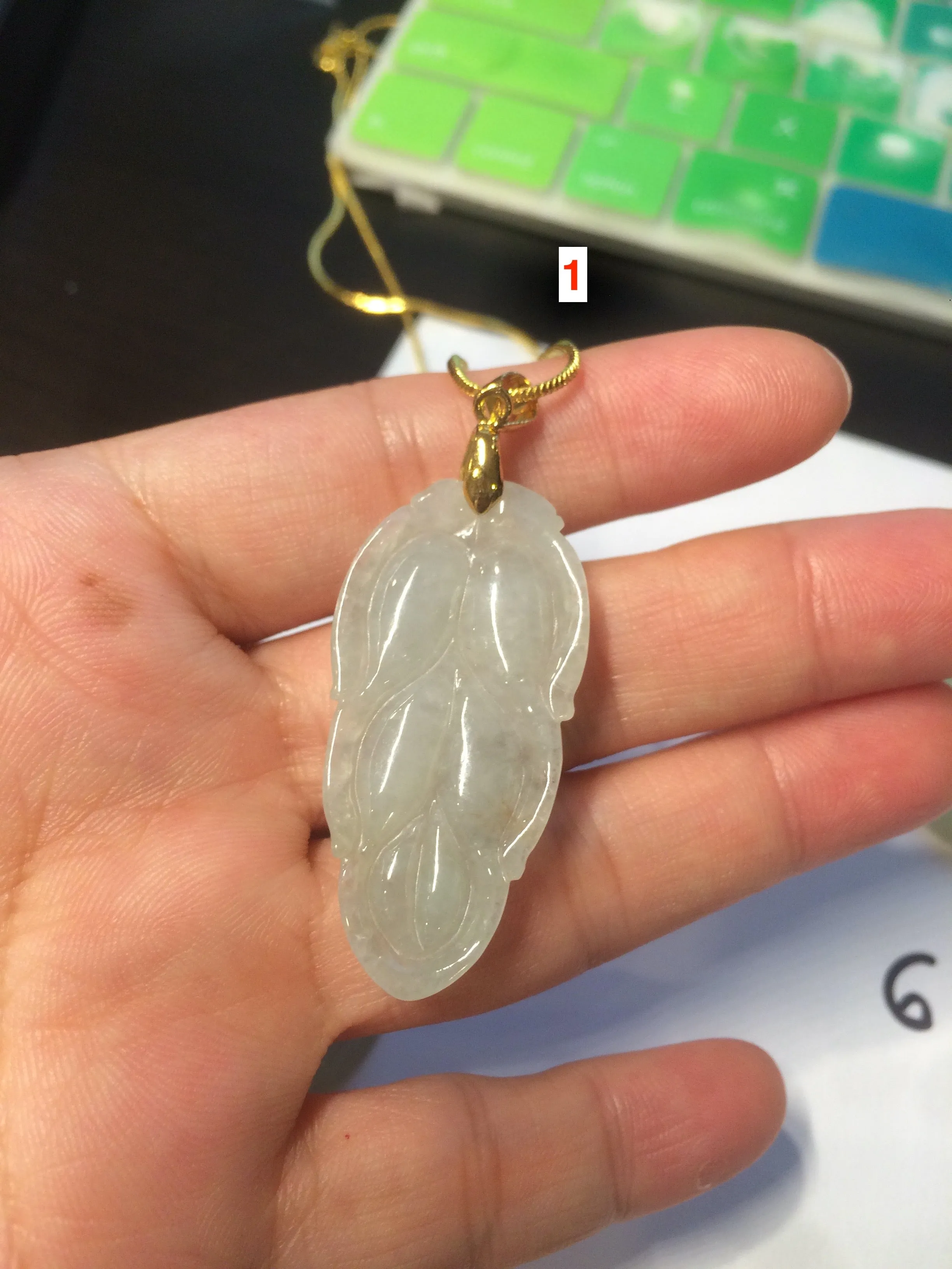 100% natural icy watery clear white type A jadeite jade leaf/blessed melon  pendant necklace group E54