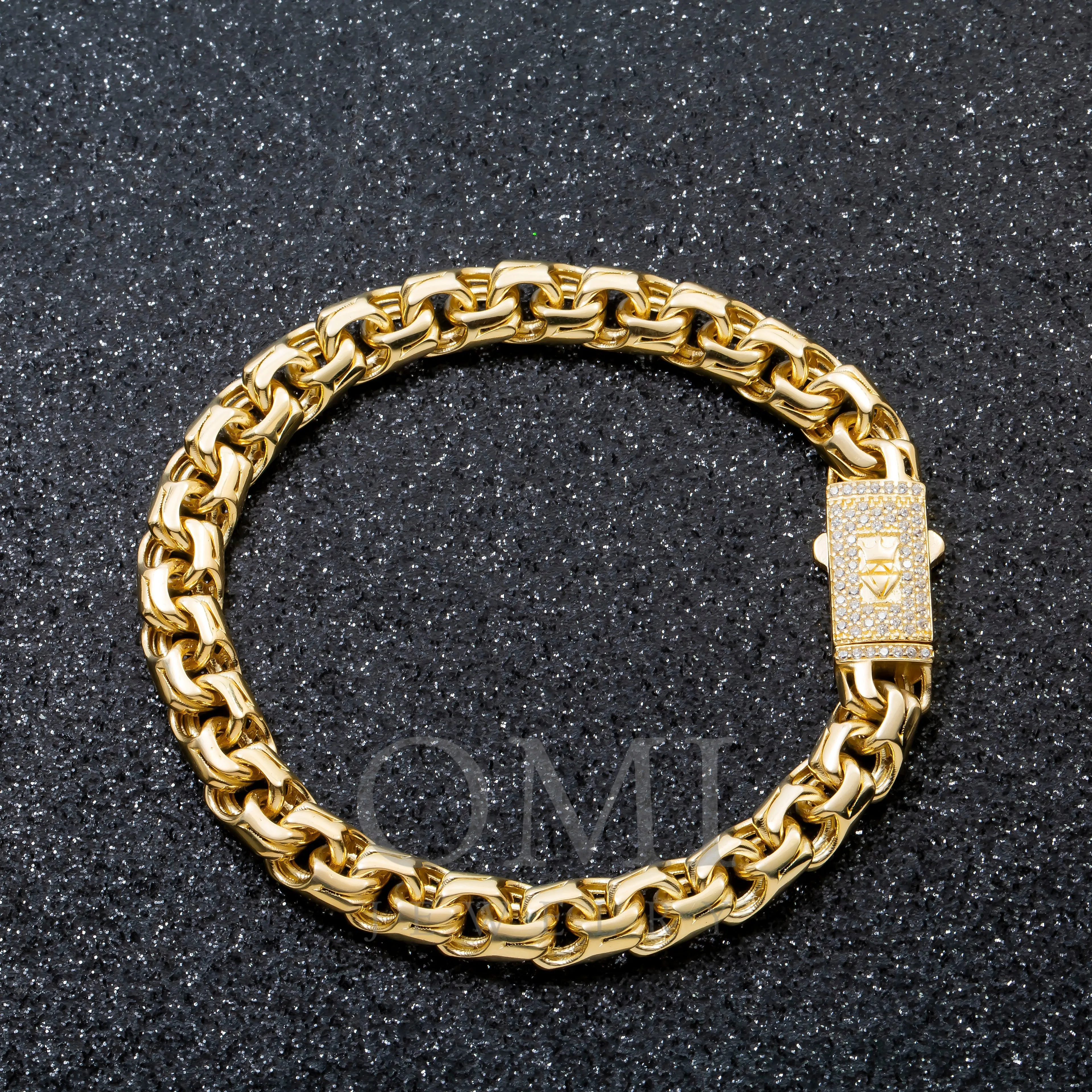 10K GOLD HOLLOW CHINO LINK CHAIN BRACELET DIAMOND CLASP WITH CROWN