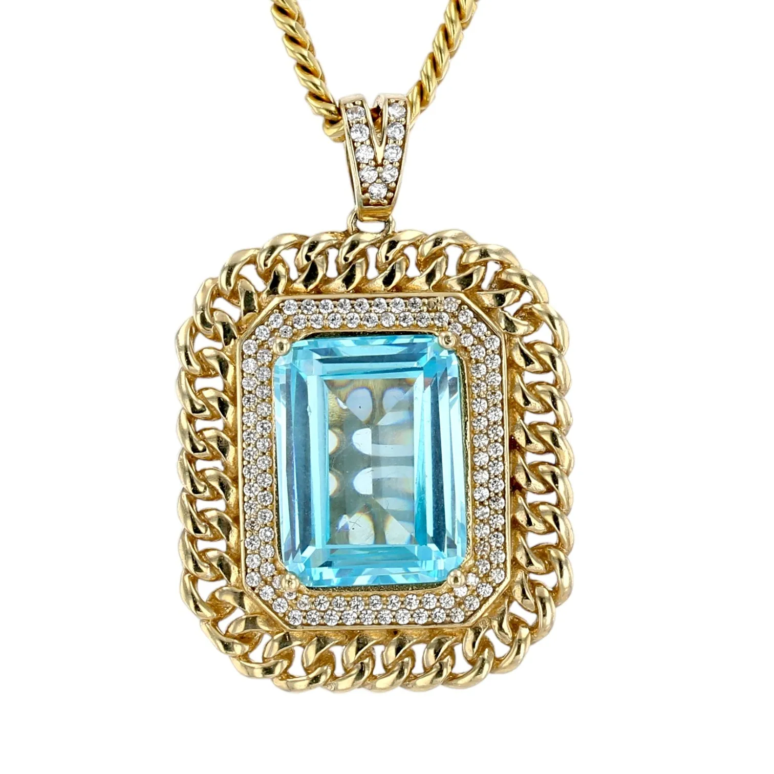 10K yellow gold solid miami Cuban link chain blue topaz pendant-223005