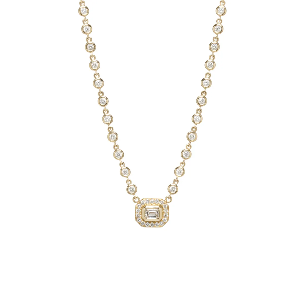 14k Emerald Cut Diamond Halo & Linked Floating Diamond Necklace