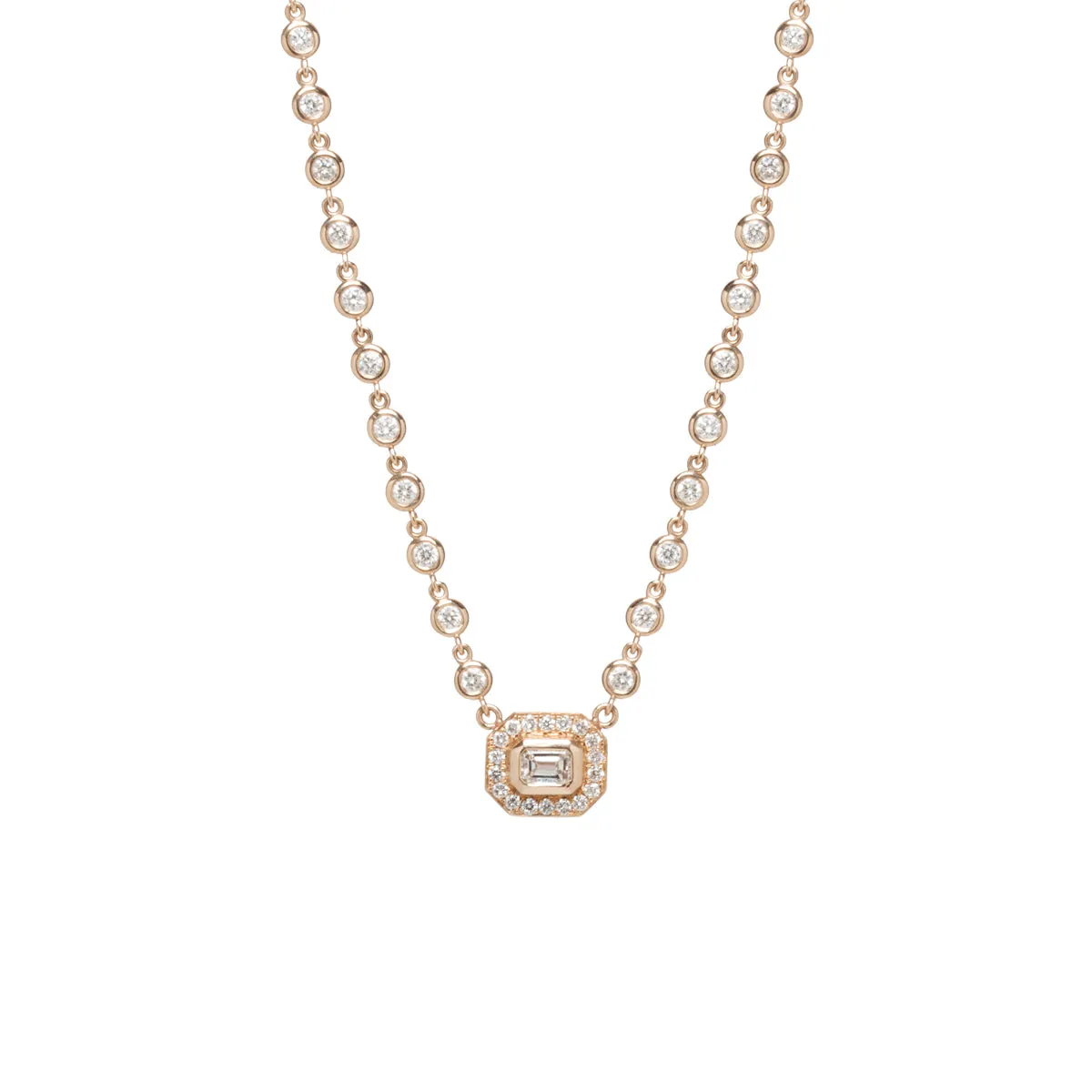 14k Emerald Cut Diamond Halo & Linked Floating Diamond Necklace