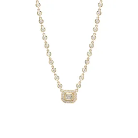 14k Emerald Cut Diamond Halo & Linked Floating Diamond Necklace