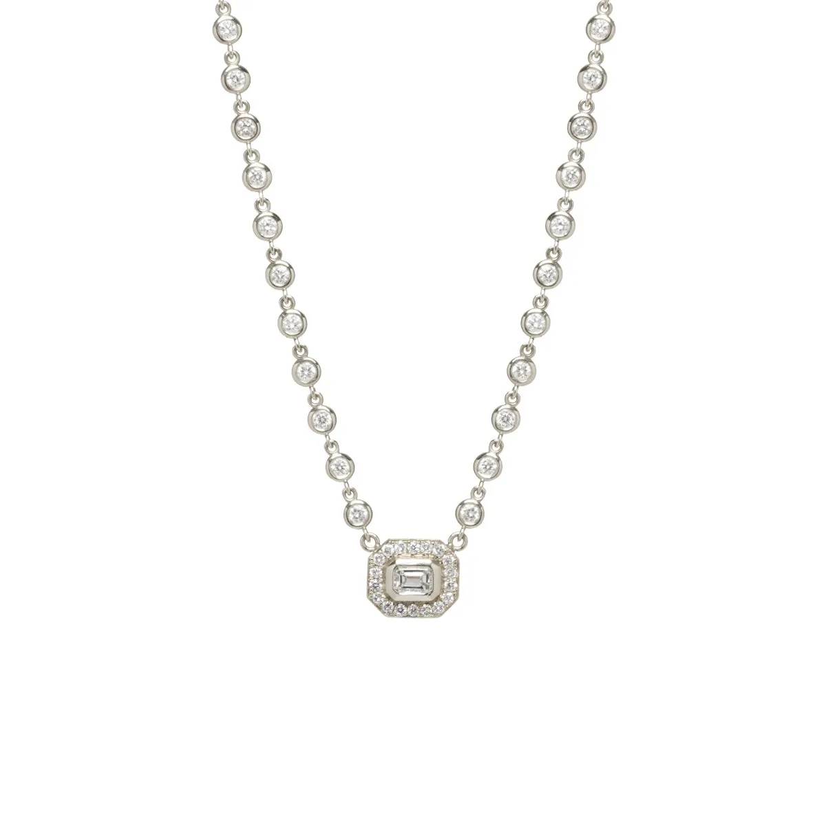 14k Emerald Cut Diamond Halo & Linked Floating Diamond Necklace