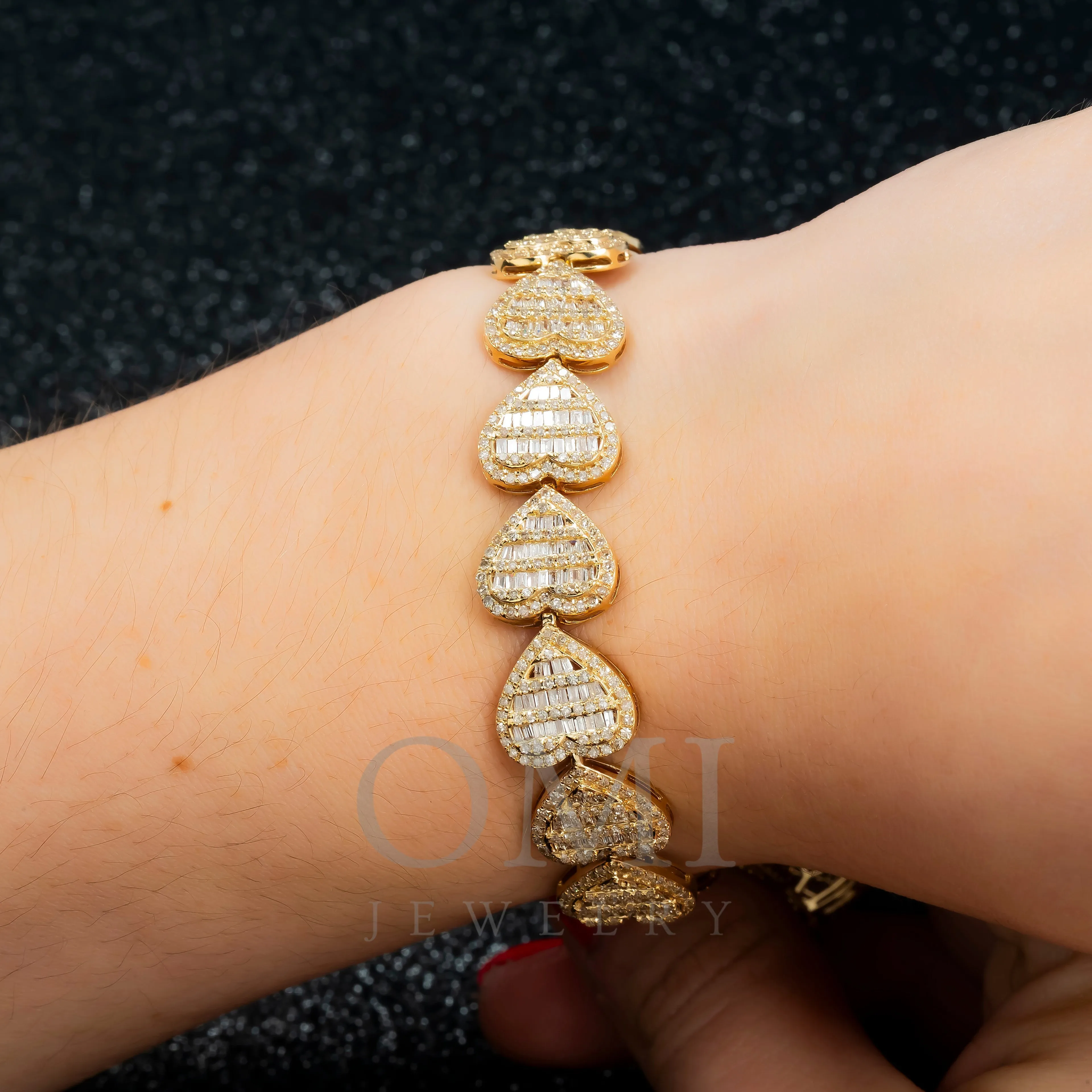 14K GOLD BAGUETTE DIAMONDS HEART BRACELET 7.65 CT