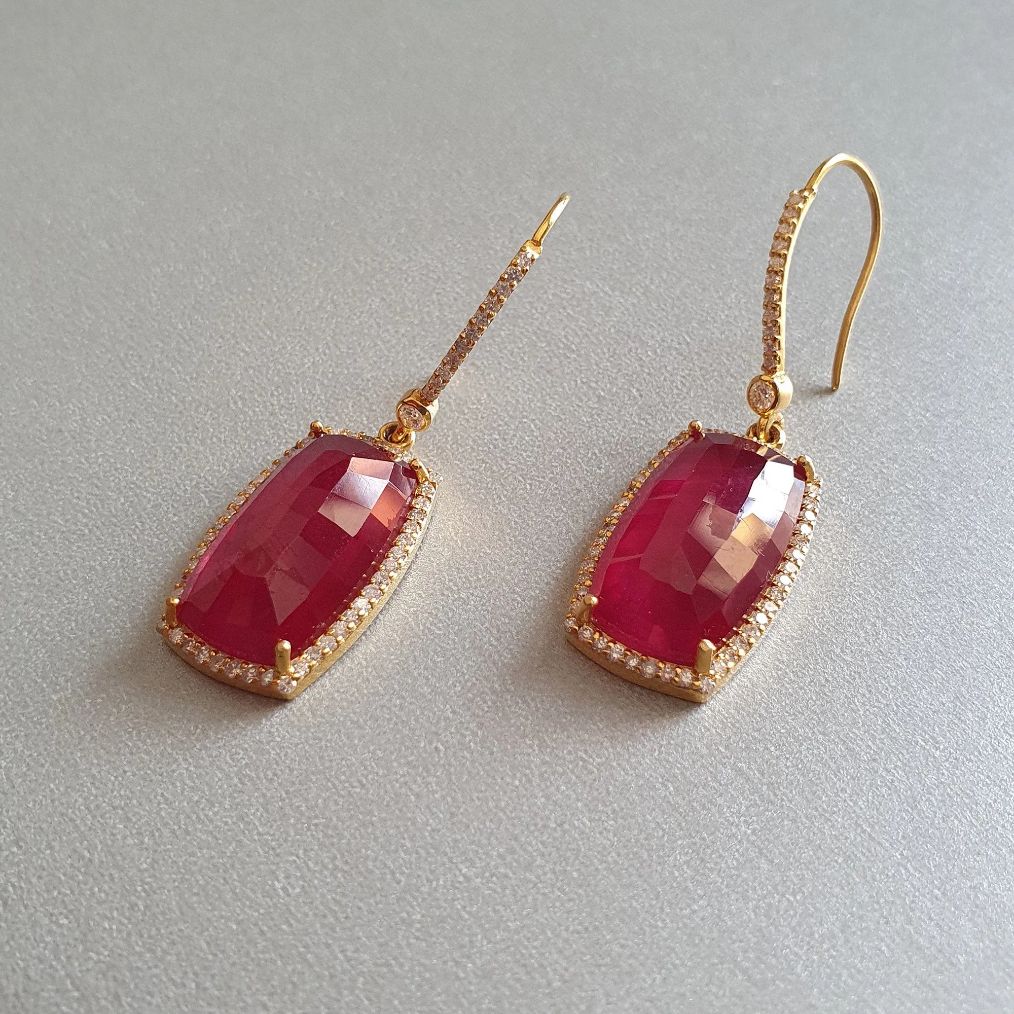 14K Gold Diamond Ruby Earring : 1.80" Natural Glass Filled RUBY Gemstone With DIAMOND 14k GOLD Drop Dangle Prong Set Style Dainty Statement Fine Earring