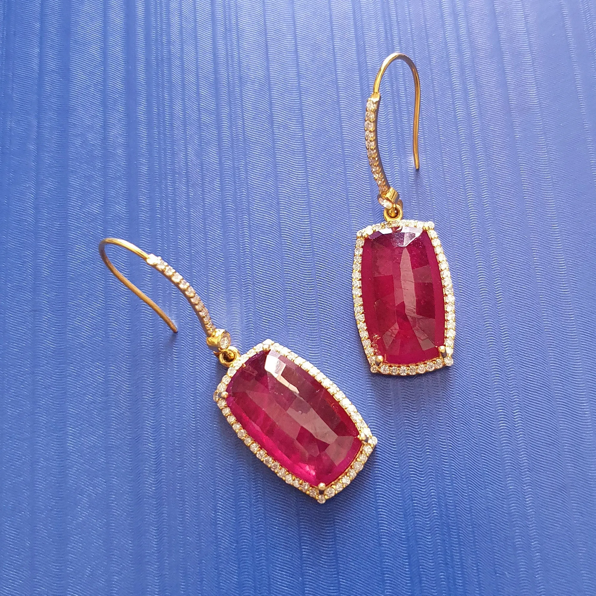 14K Gold Diamond Ruby Earring : 1.80" Natural Glass Filled RUBY Gemstone With DIAMOND 14k GOLD Drop Dangle Prong Set Style Dainty Statement Fine Earring