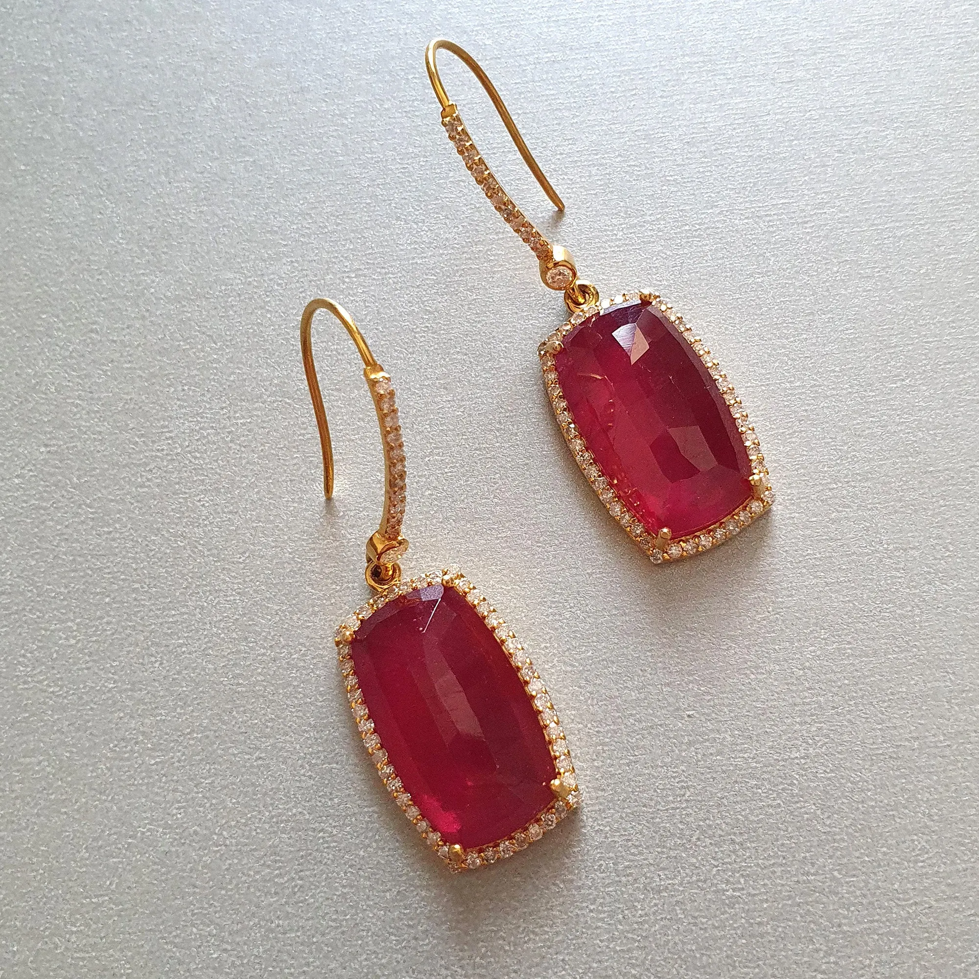 14K Gold Diamond Ruby Earring : 1.80" Natural Glass Filled RUBY Gemstone With DIAMOND 14k GOLD Drop Dangle Prong Set Style Dainty Statement Fine Earring