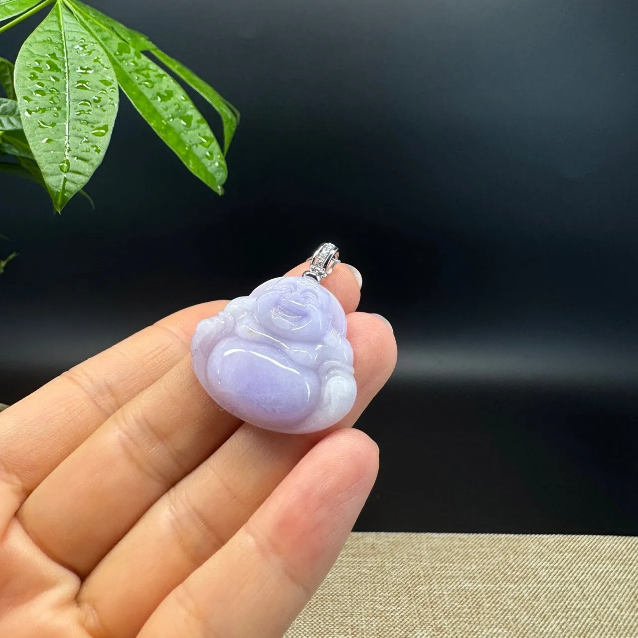 14K White Gold Burmese Lavender Jadeite Jade Happy Buddha Pendant with Diamond