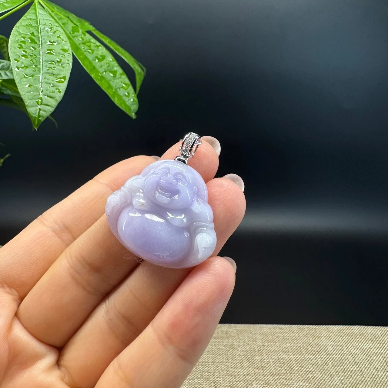 14K White Gold Burmese Lavender Jadeite Jade Happy Buddha Pendant with Diamond