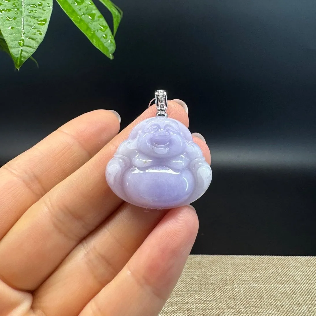 14K White Gold Burmese Lavender Jadeite Jade Happy Buddha Pendant with Diamond