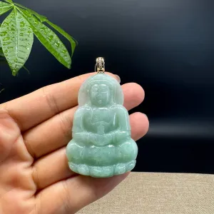 14K Yellow Gold  Burnese Green Jadeite Jade Guanyin Pendant with Diamond