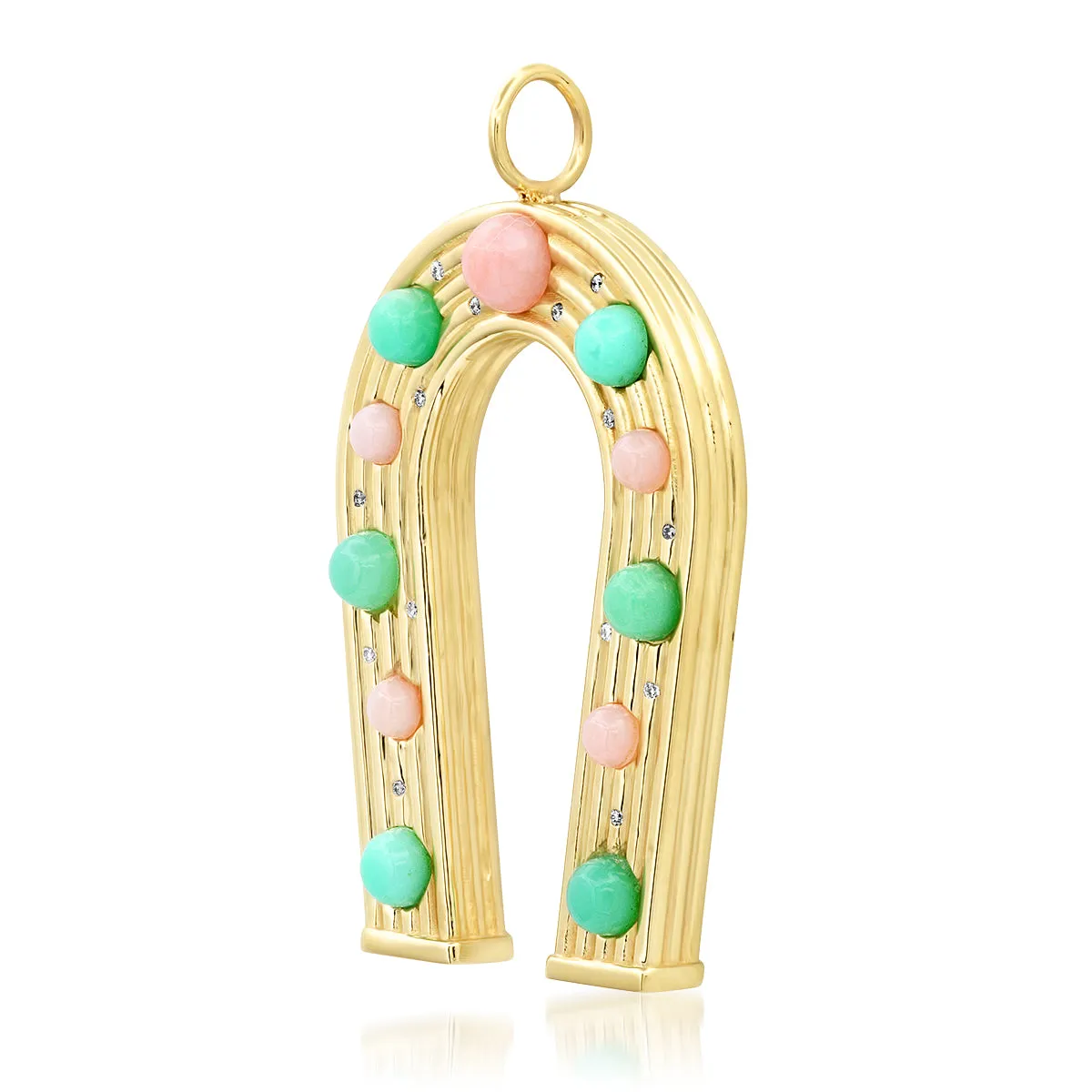 14K Yellow Gold Pink Opal, Chrysoprase and Diamond Horseshoe Charm