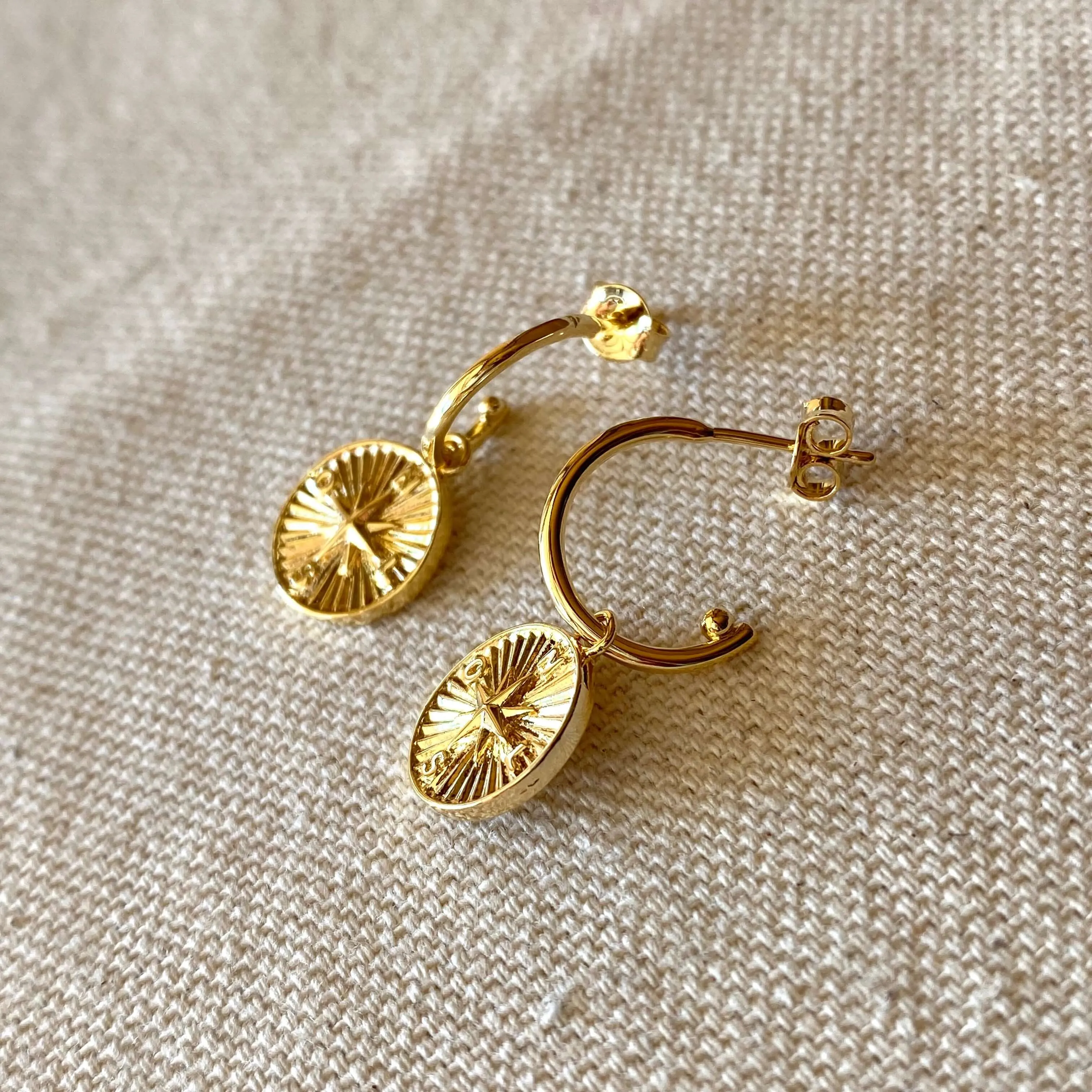 18k Gold Filled C Hoops With Dainty Compass Charm