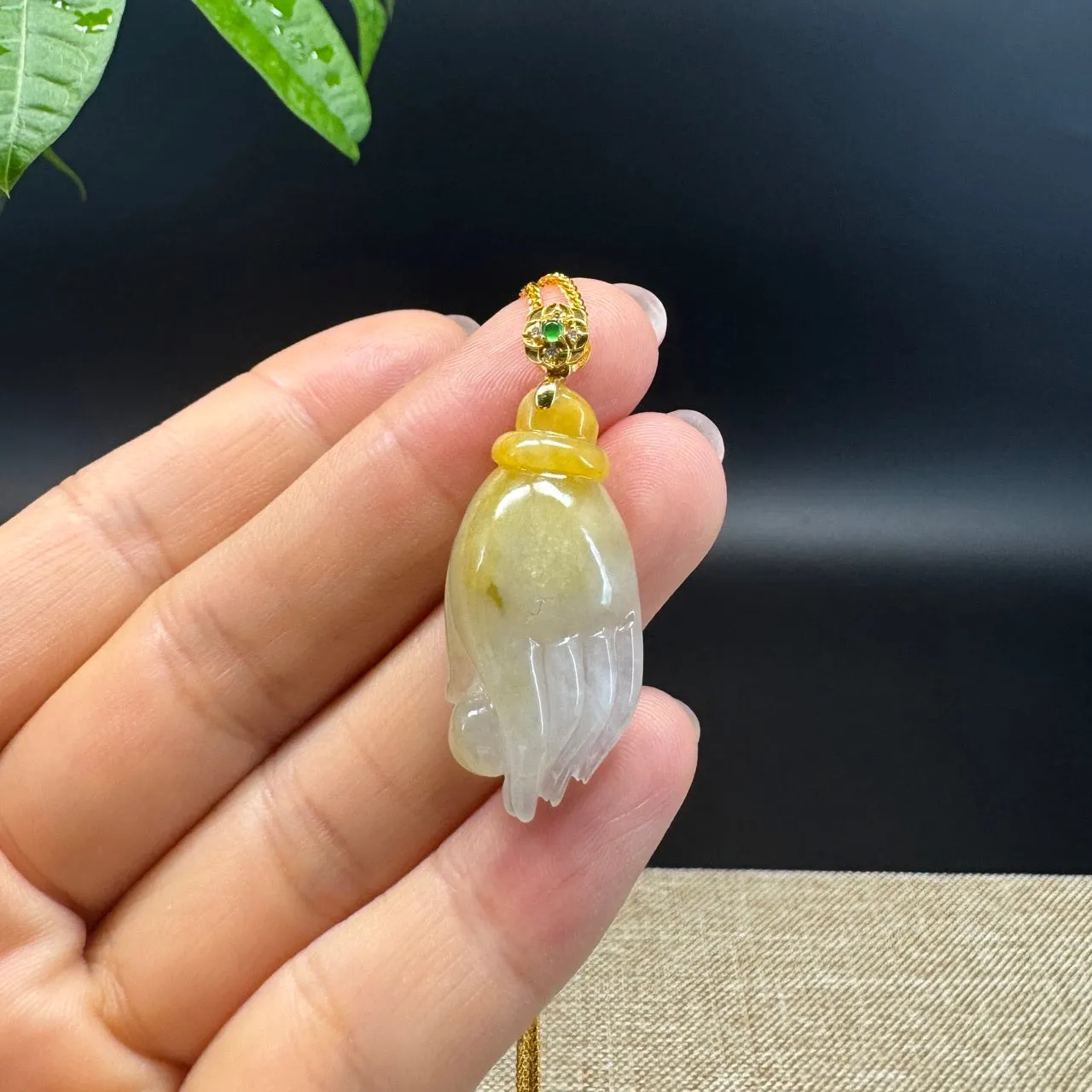 18K Yellow Gold Burmese Icy Yellow Jadeite Jade Happy Buddha Hand Pendant