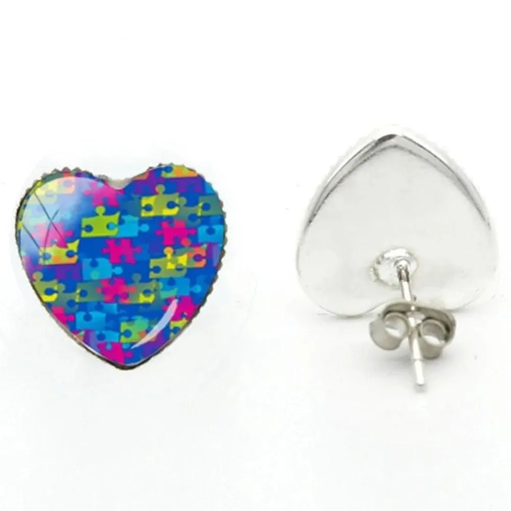 2020 New Autism Awareness Heart Earring Hand Craft Earrings Silver Glass Dome Photo Jewelry Art Ear Studs For Women