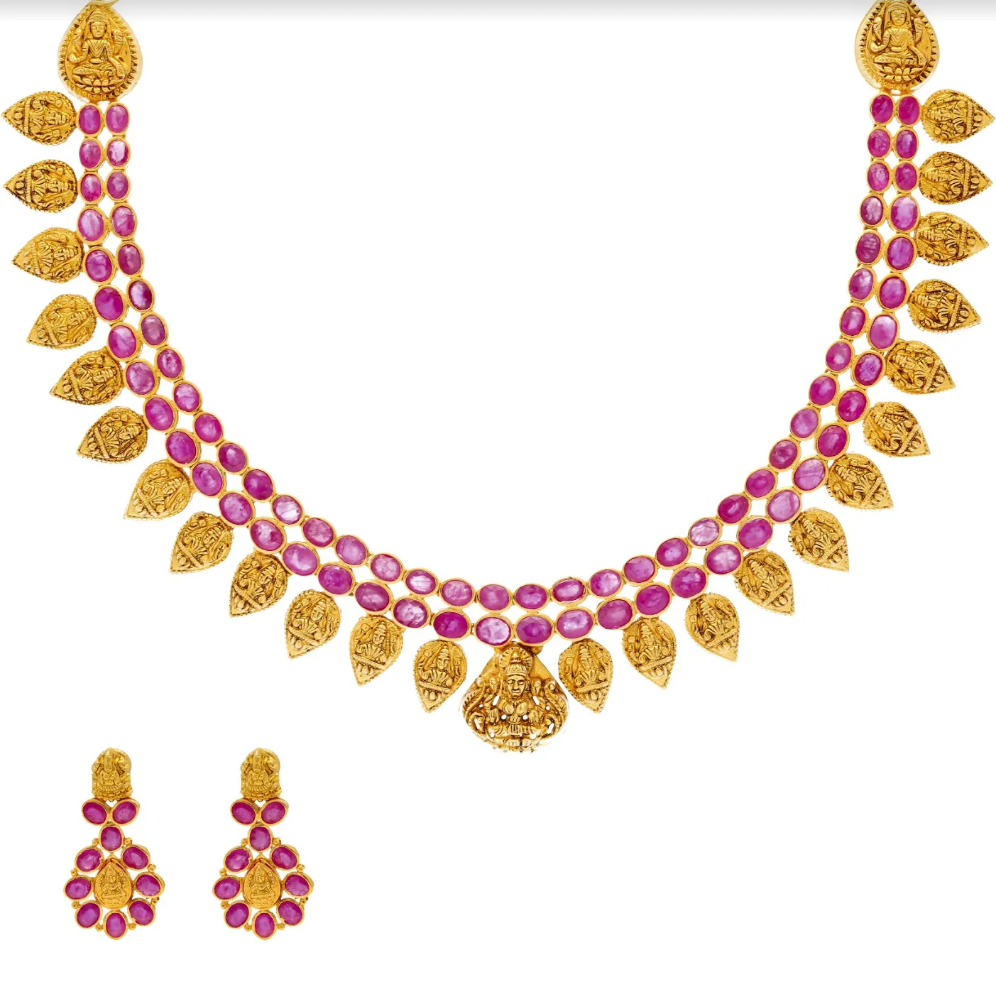 22K Yellow Gold Laxmi Necklace & Earrings Set W/ Rubies & Teardrop Laxmi Accents