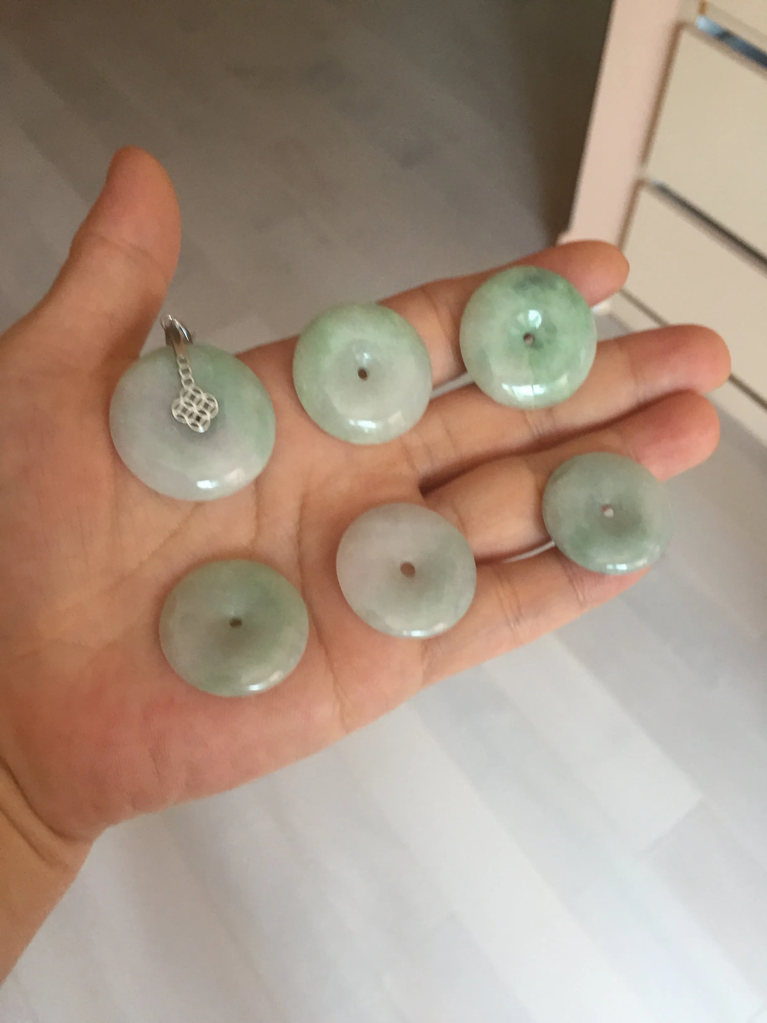 23.5-27.7mm 100% Natural apple green/white jadeite Jade Safety Guardian Button(donut) Pendant group BK112