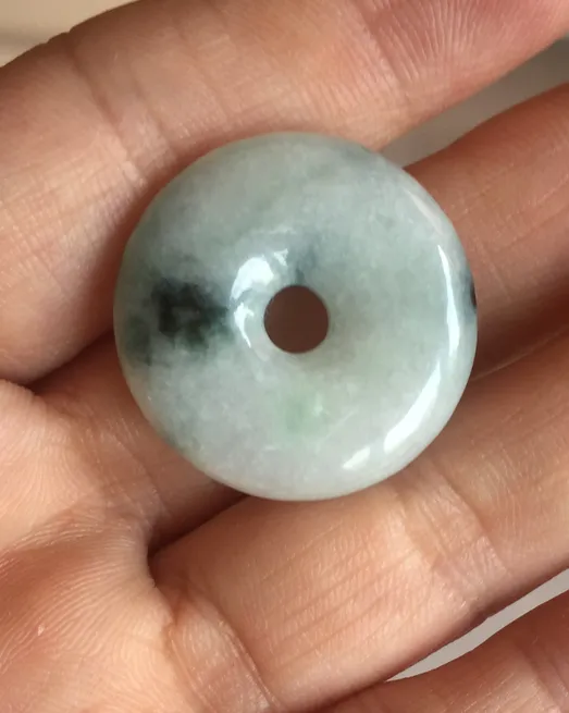 24-25mm 100% Natural icy watery green/white with dark green floating flowers jadeite Jade Safety Guardian Button(donut) Pendant/worry stone group H153