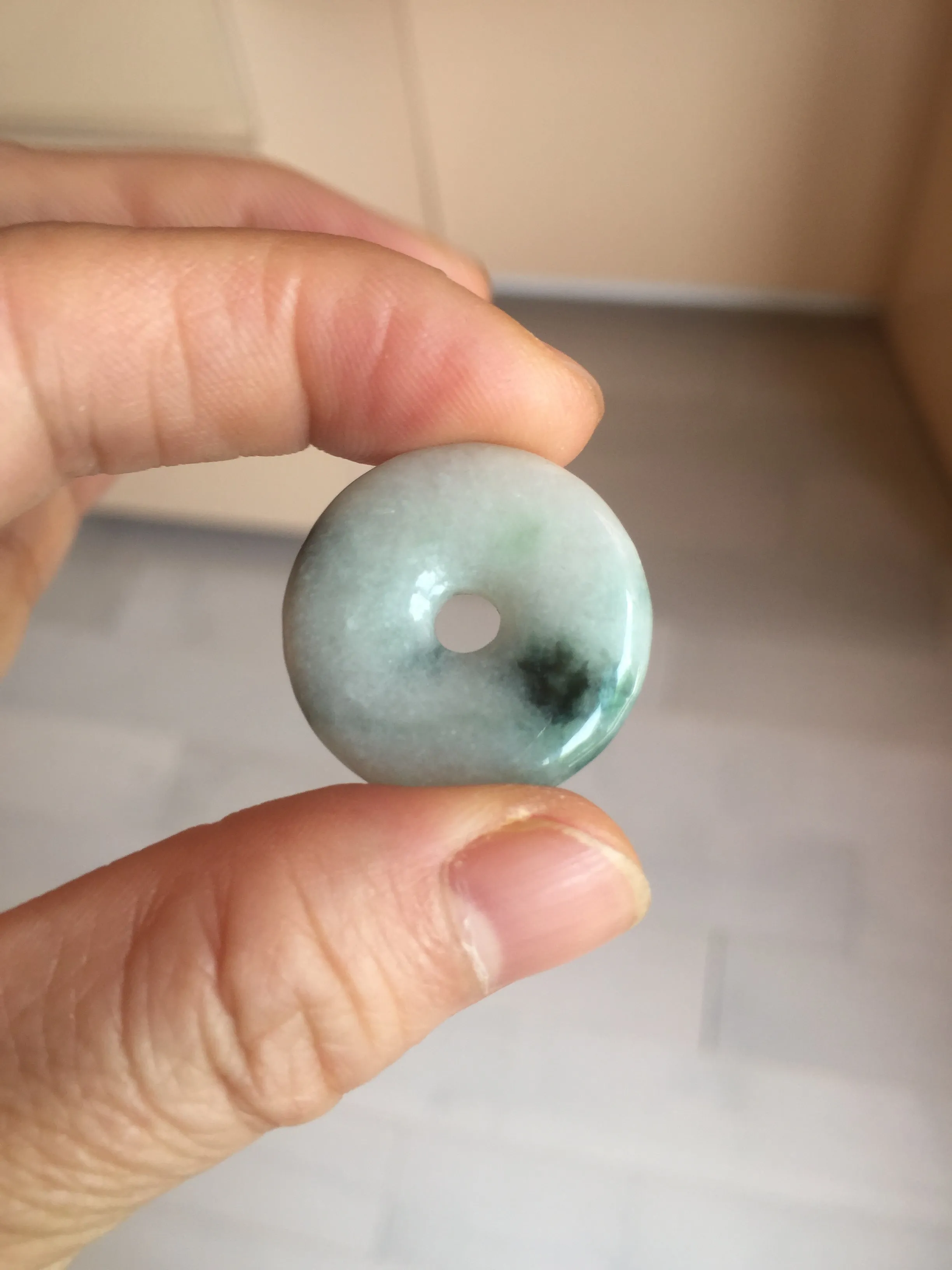 24-25mm 100% Natural icy watery green/white with dark green floating flowers jadeite Jade Safety Guardian Button(donut) Pendant/worry stone group H153