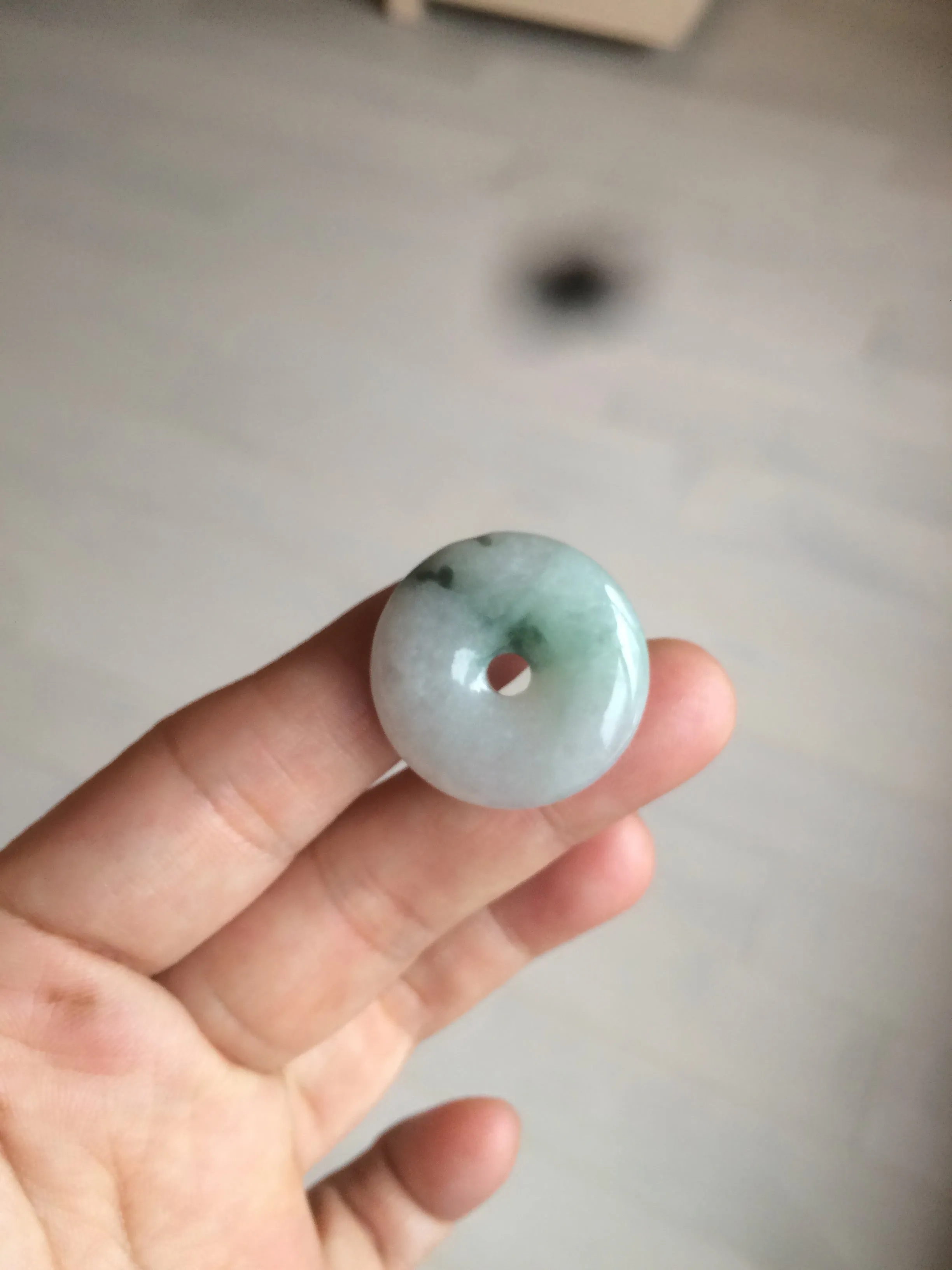 25.4/6.2mm 100% Natural icy watery green/white with green floating flowers jadeite Jade Safety Guardian Button(donut) Pendant/worry stone BF46