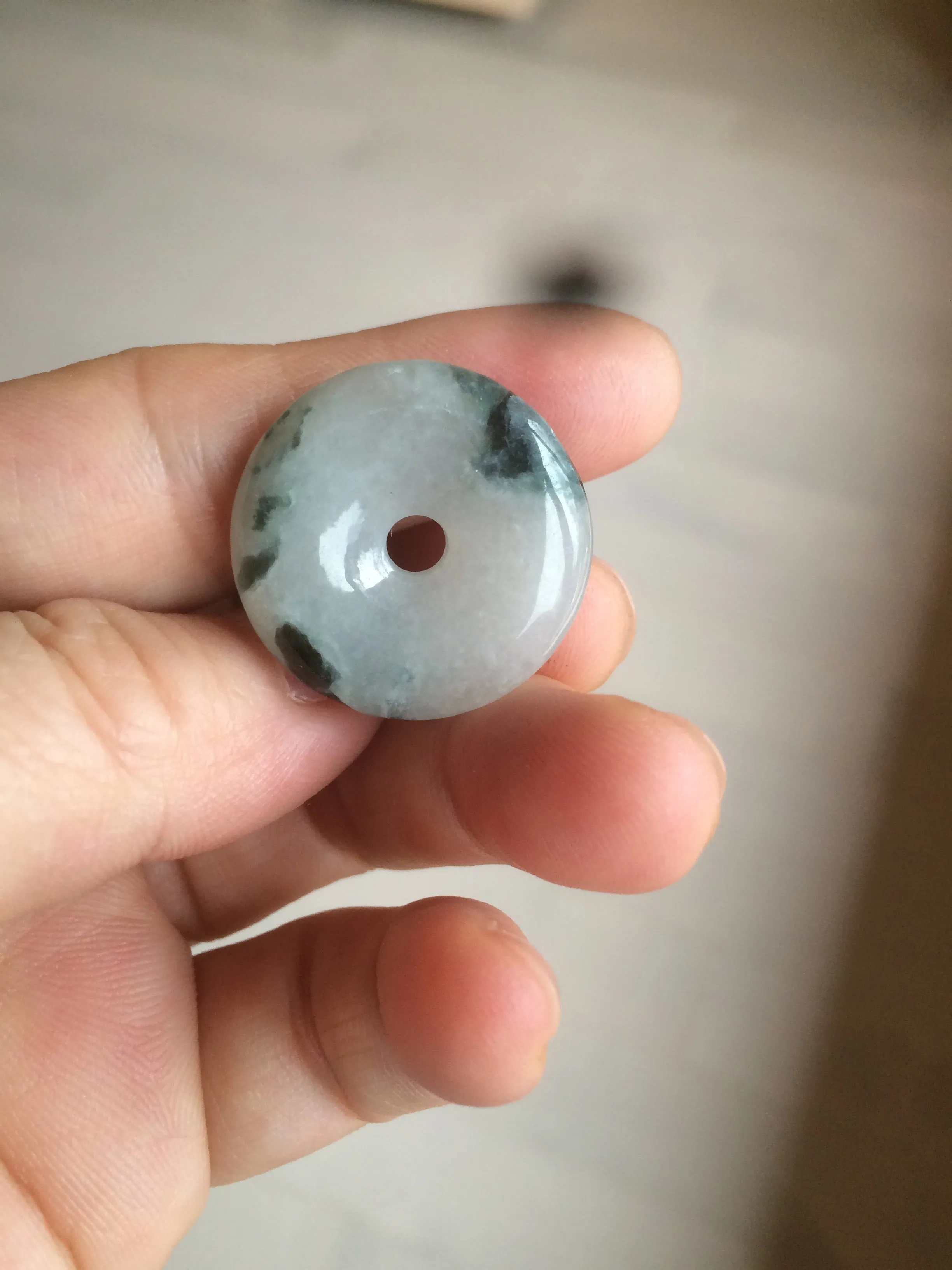 25/6.1mm 100% Natural icy watery green/white with green floating flowers jadeite Jade Safety Guardian Button(donut) Pendant/worry stone BF49