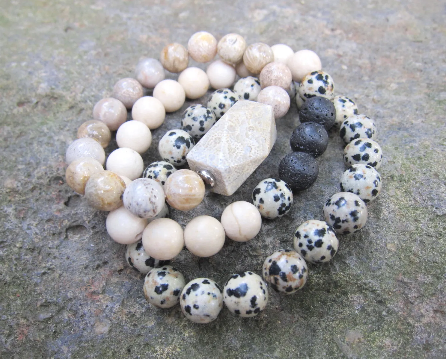 3 piece set - Fossil Coral, Dalmation Jasper, River Stone Mala Bracelet Set