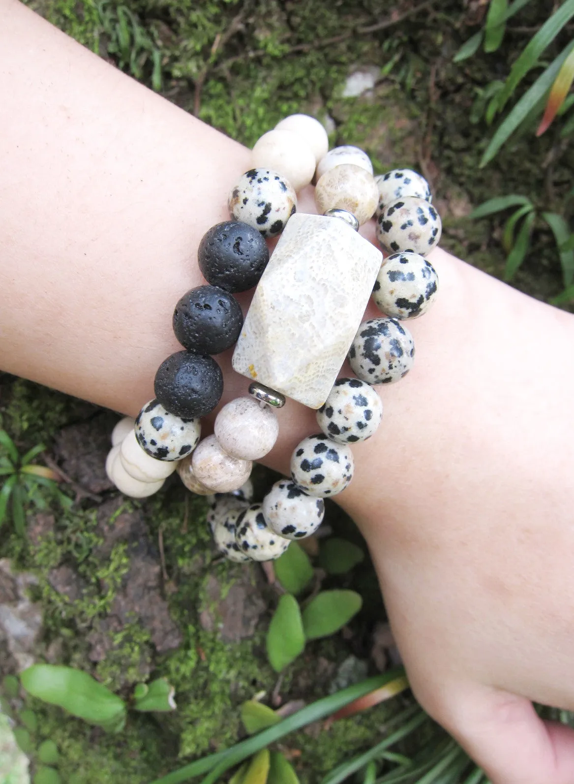 3 piece set - Fossil Coral, Dalmation Jasper, River Stone Mala Bracelet Set