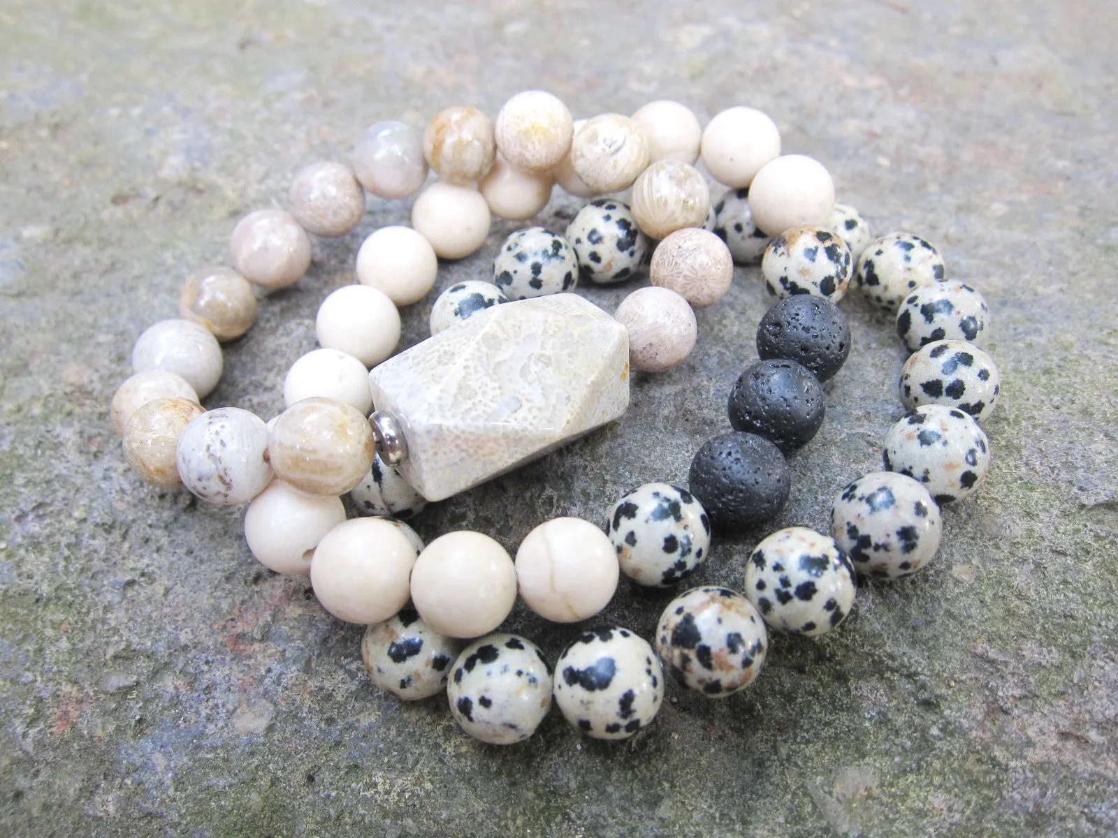 3 piece set - Fossil Coral, Dalmation Jasper, River Stone Mala Bracelet Set