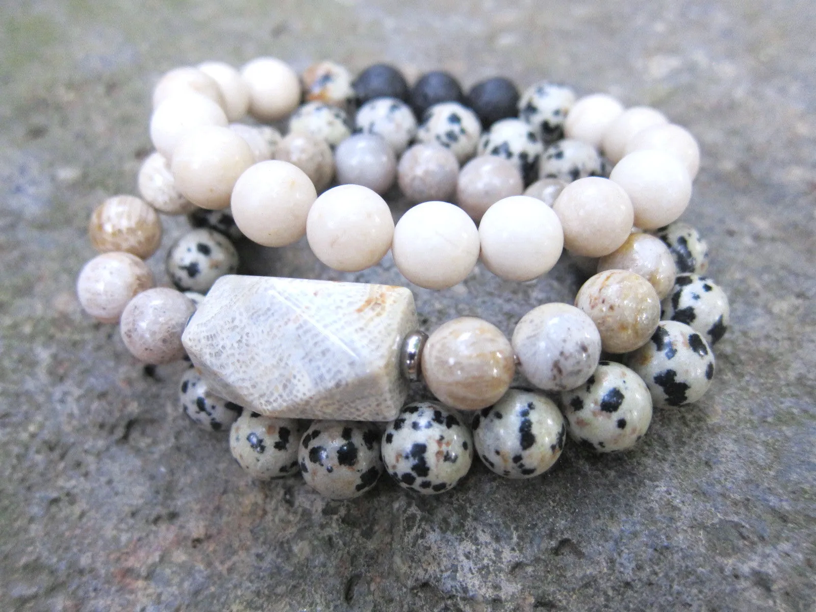 3 piece set - Fossil Coral, Dalmation Jasper, River Stone Mala Bracelet Set