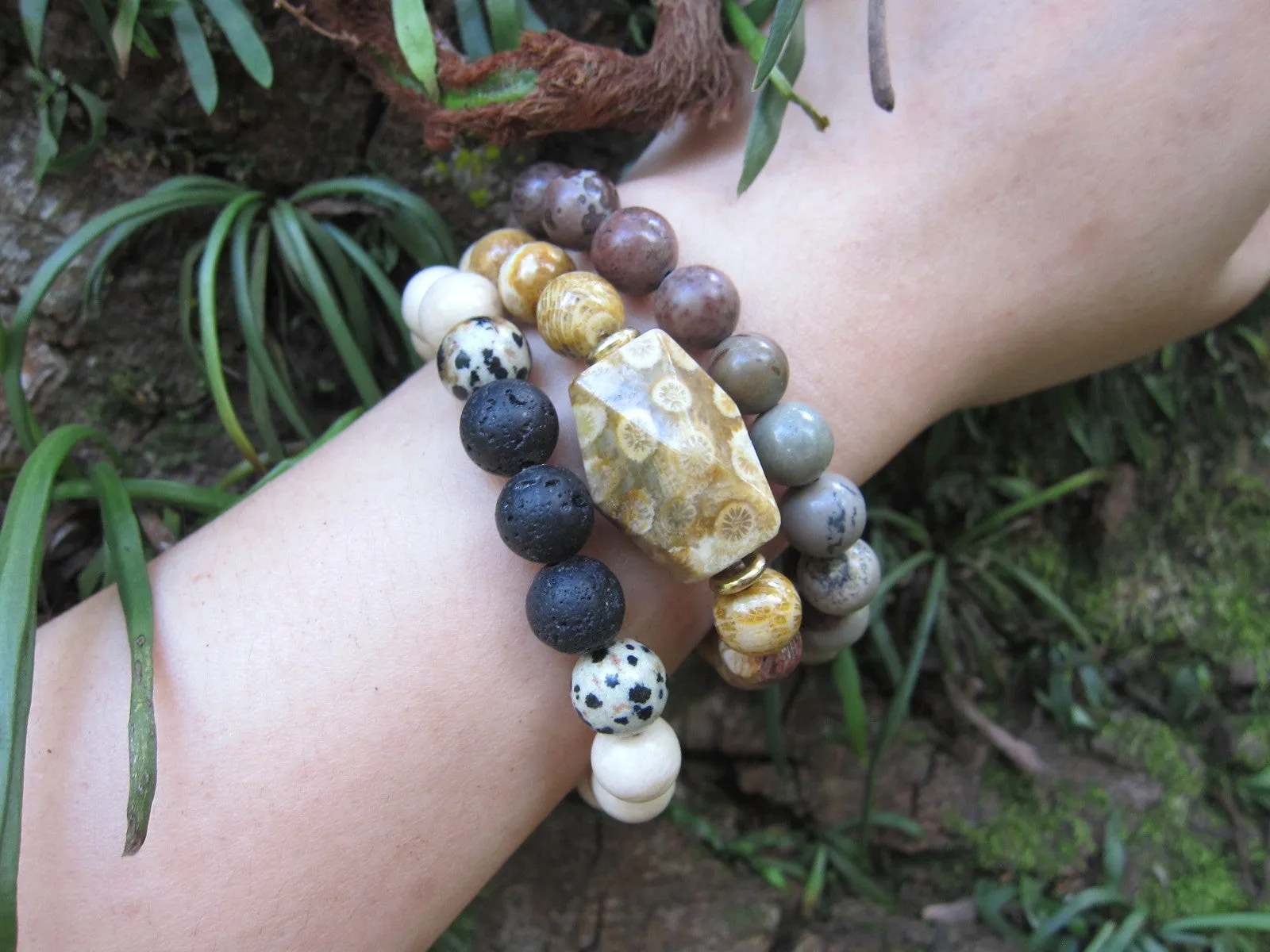 3 piece set - Fossil Coral   Jasper Mala Stack Bracelets (10mm)