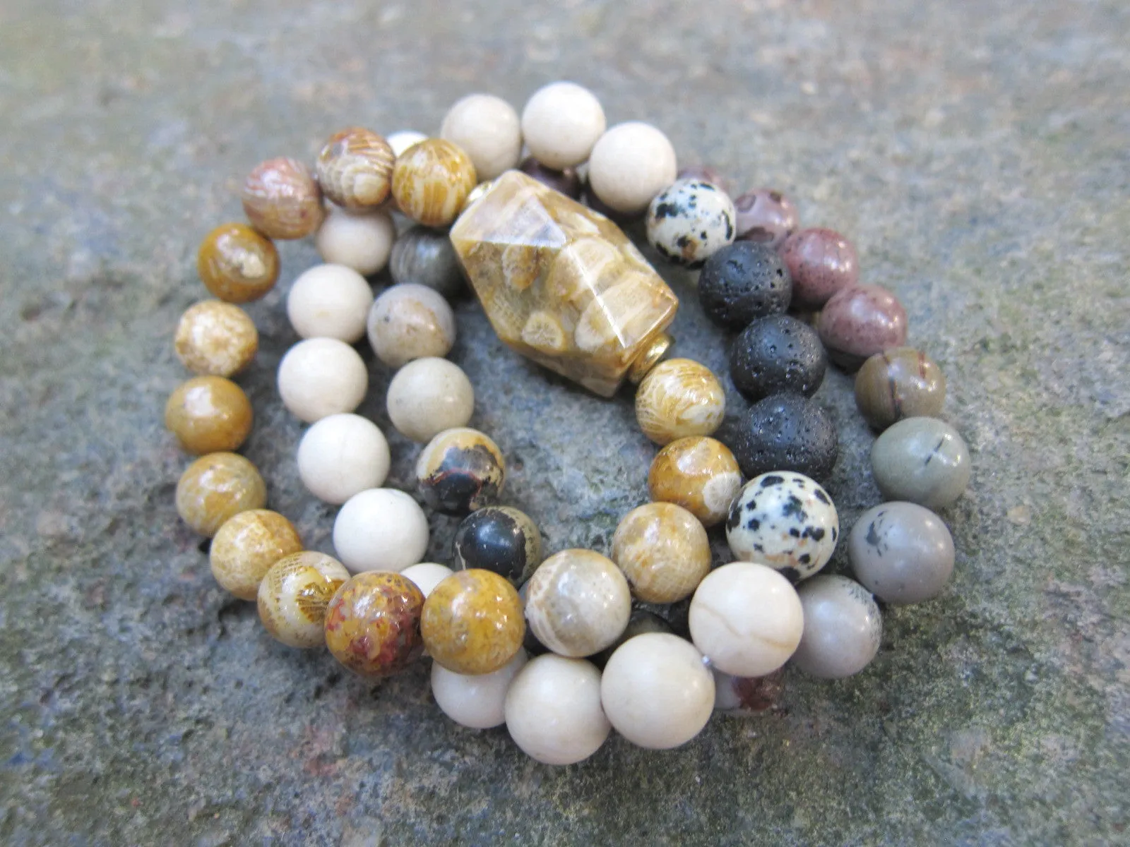 3 piece set - Fossil Coral   Jasper Mala Stack Bracelets (10mm)