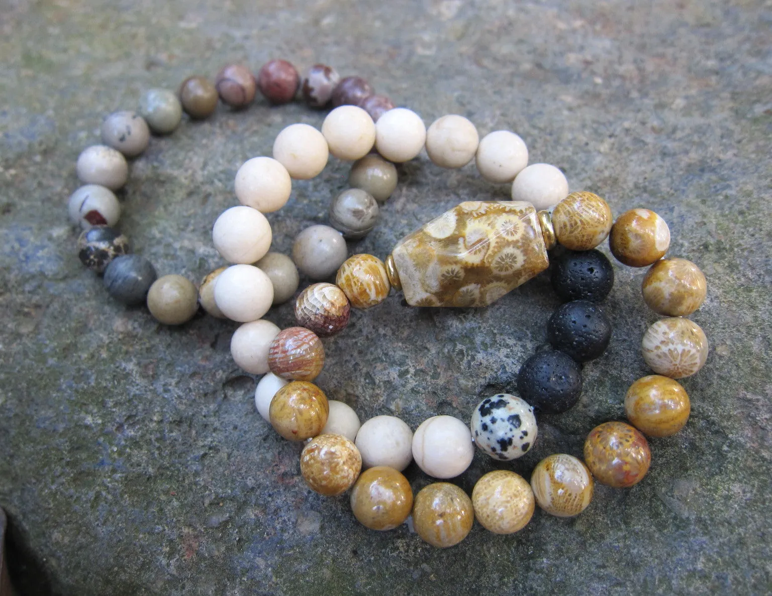 3 piece set - Fossil Coral   Jasper Mala Stack Bracelets (10mm)