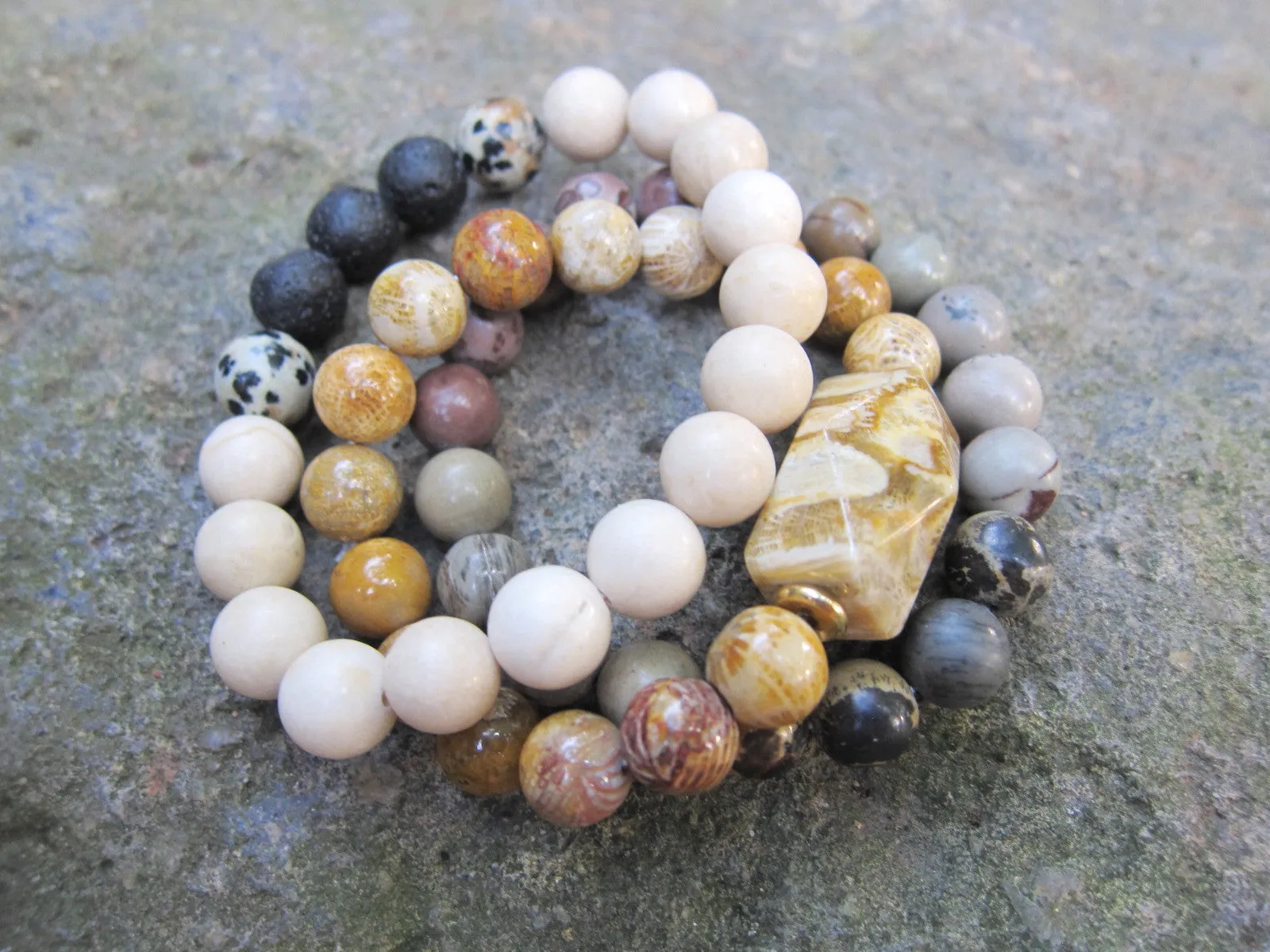 3 piece set - Fossil Coral   Jasper Mala Stack Bracelets (10mm)