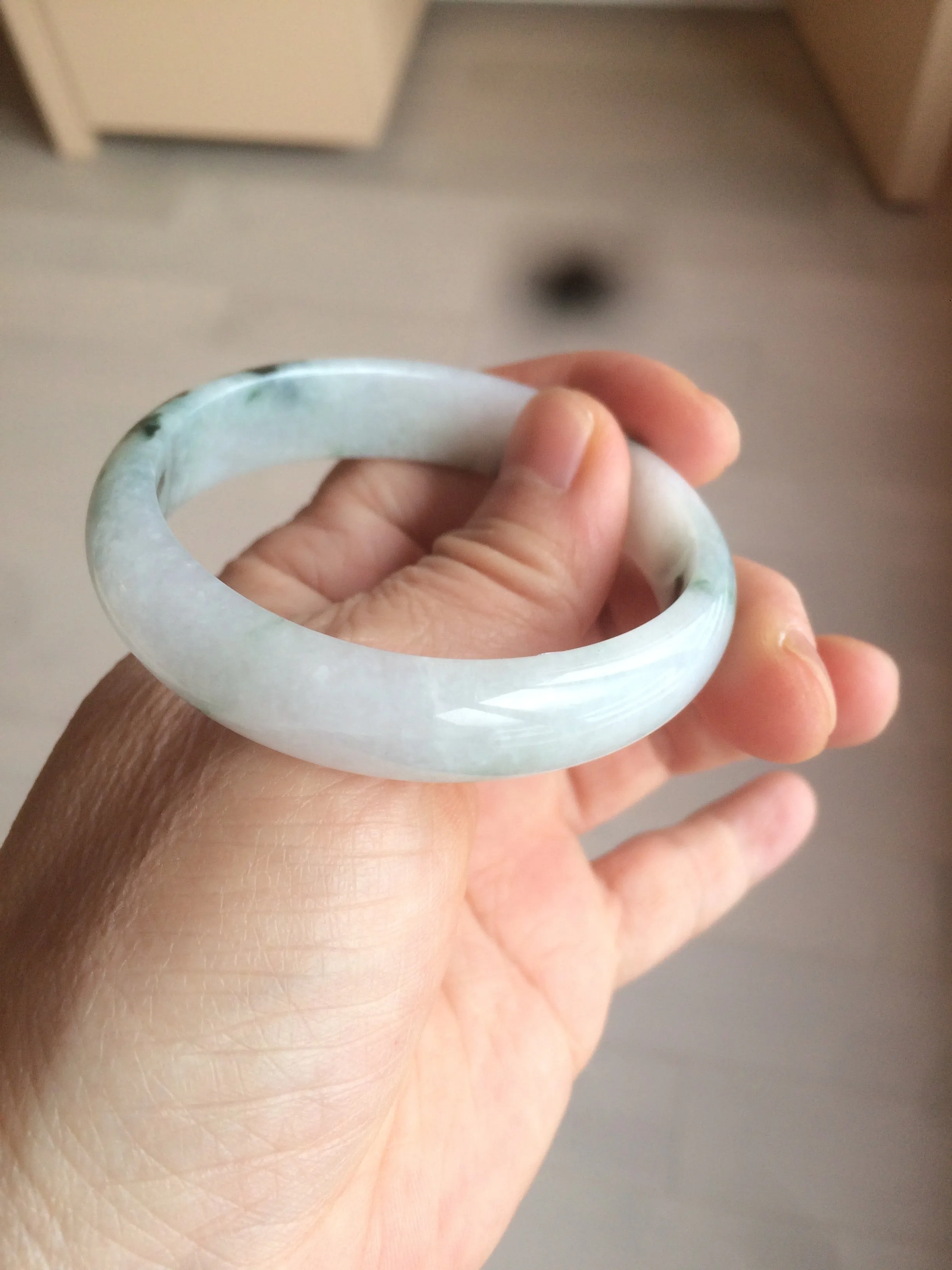 48mm certified 100% natural Type A icy watery light green/white with green floating flowers oval jadeite jade bangle B107-2330