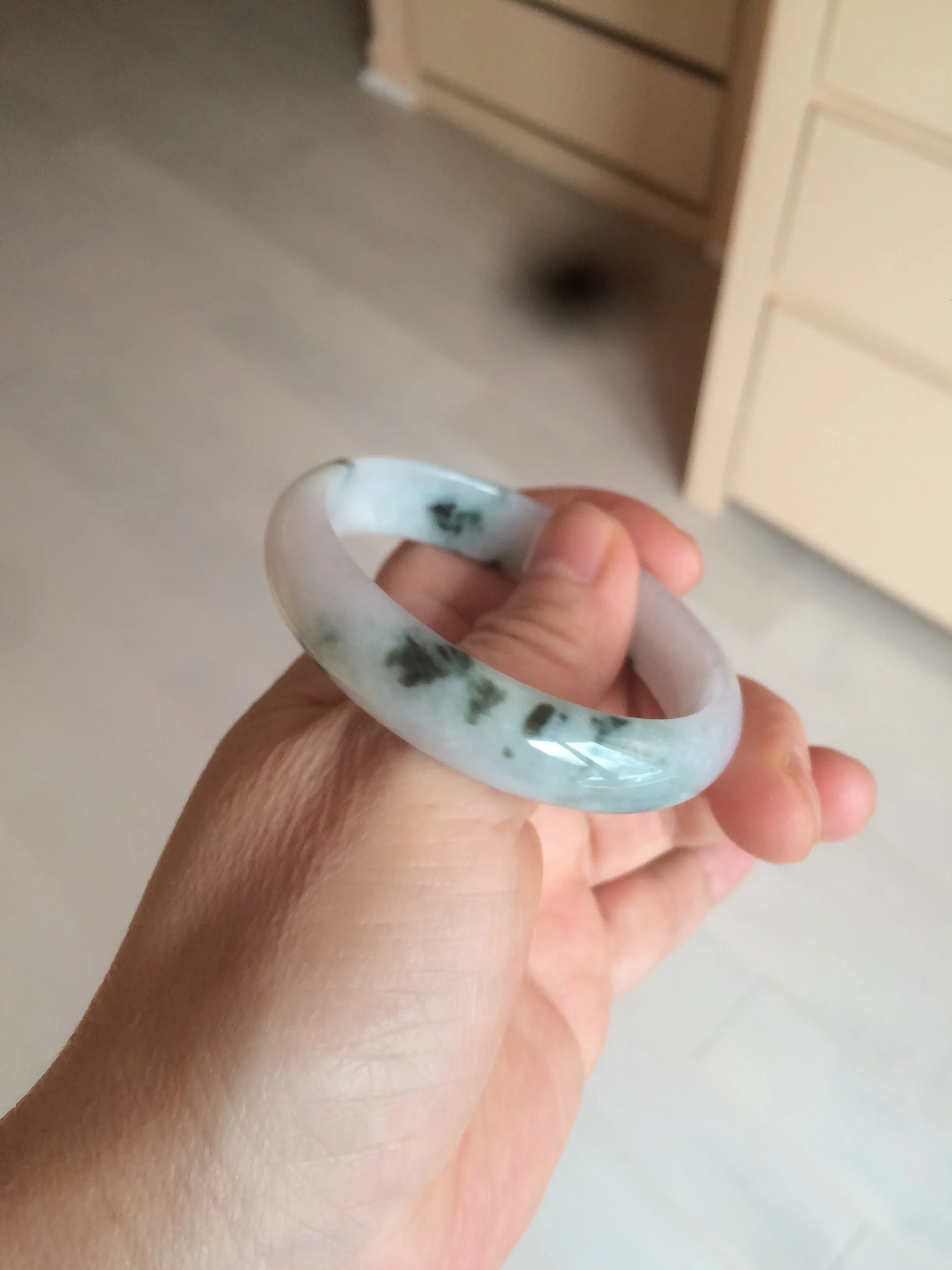 48mm certified 100% natural Type A icy watery light green/white with green floating flowers oval jadeite jade bangle B107-2330