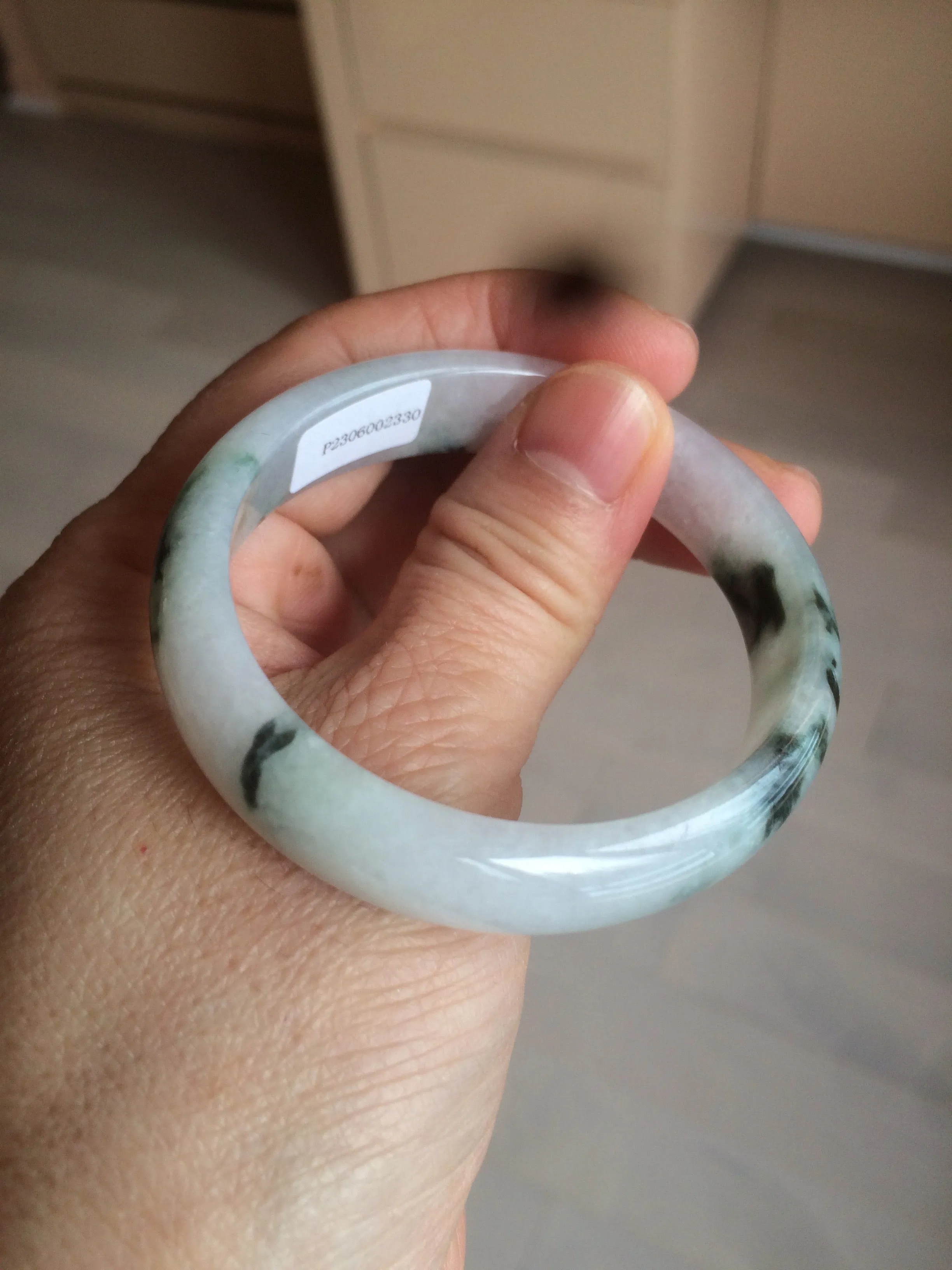 48mm certified 100% natural Type A icy watery light green/white with green floating flowers oval jadeite jade bangle B107-2330