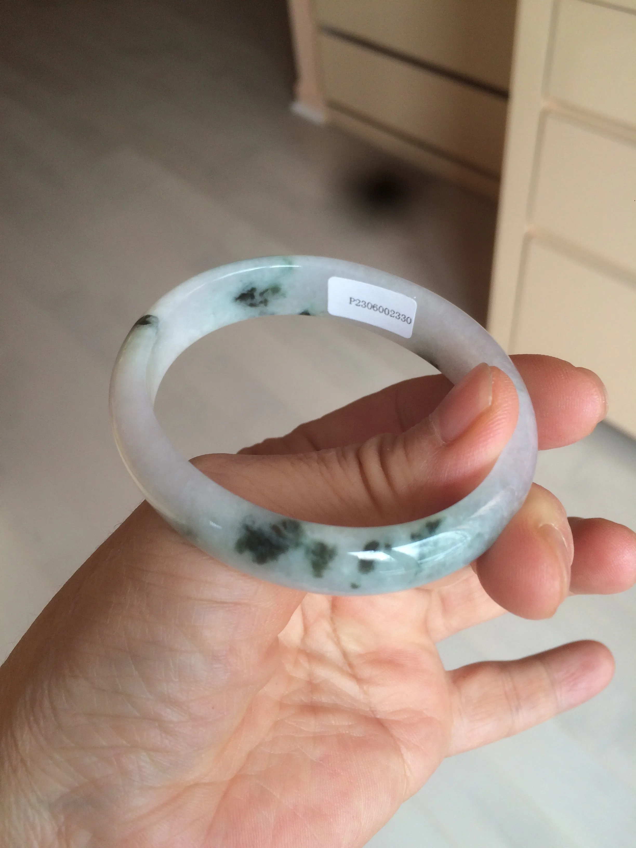 48mm certified 100% natural Type A icy watery light green/white with green floating flowers oval jadeite jade bangle B107-2330