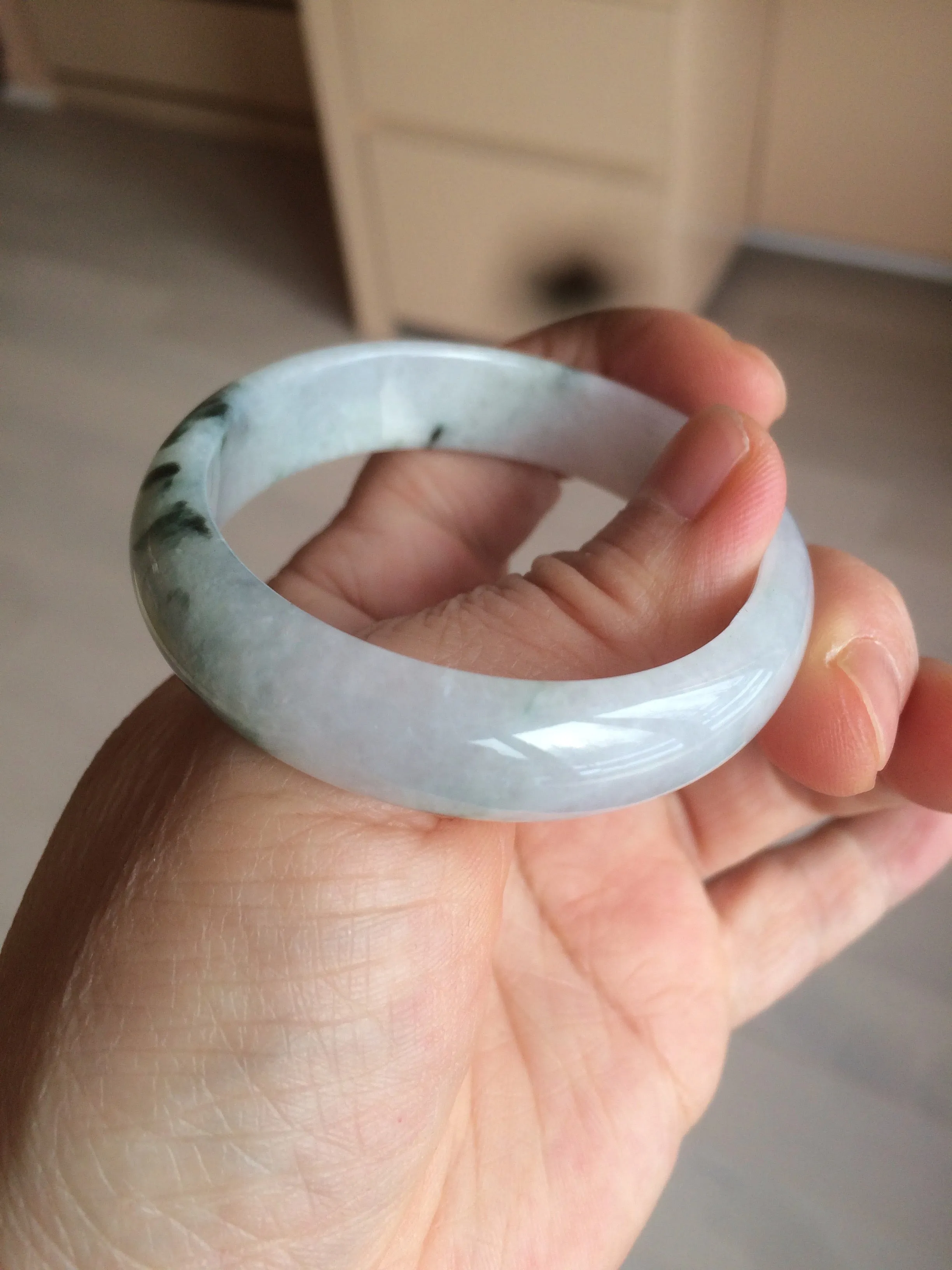 48mm certified 100% natural Type A icy watery light green/white with green floating flowers oval jadeite jade bangle B107-2330