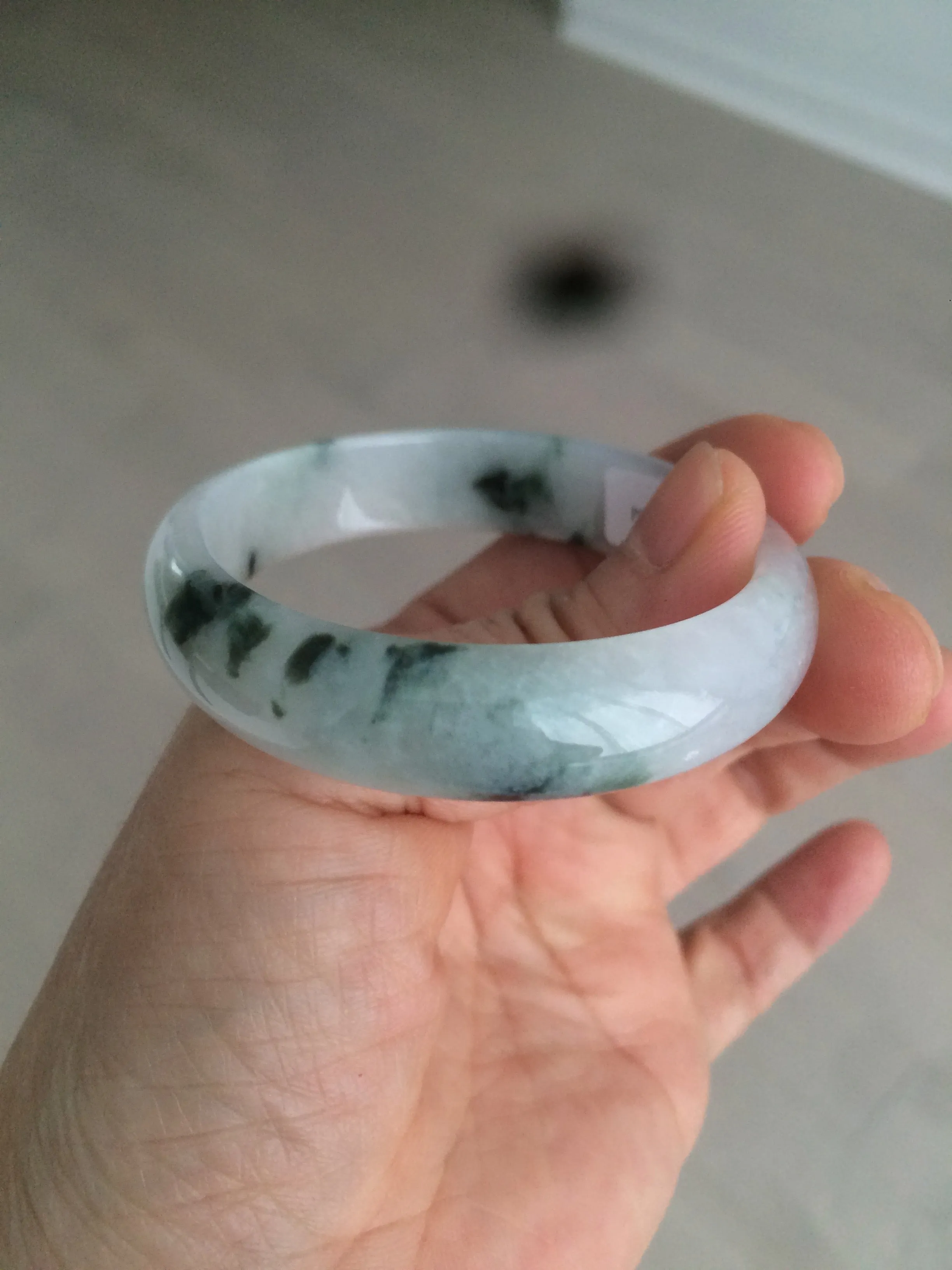 48mm certified 100% natural Type A icy watery light green/white with green floating flowers oval jadeite jade bangle B107-2330