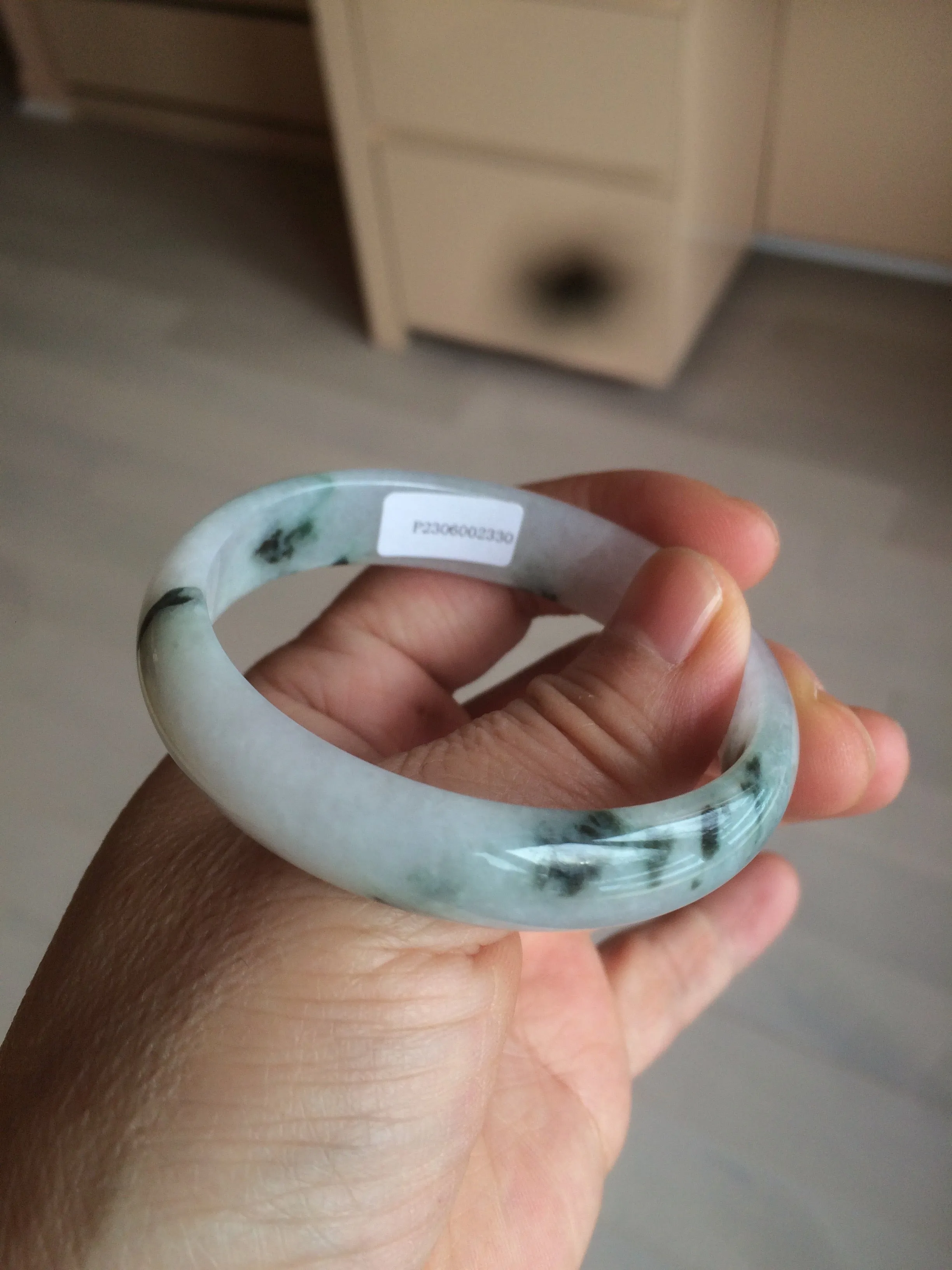 48mm certified 100% natural Type A icy watery light green/white with green floating flowers oval jadeite jade bangle B107-2330