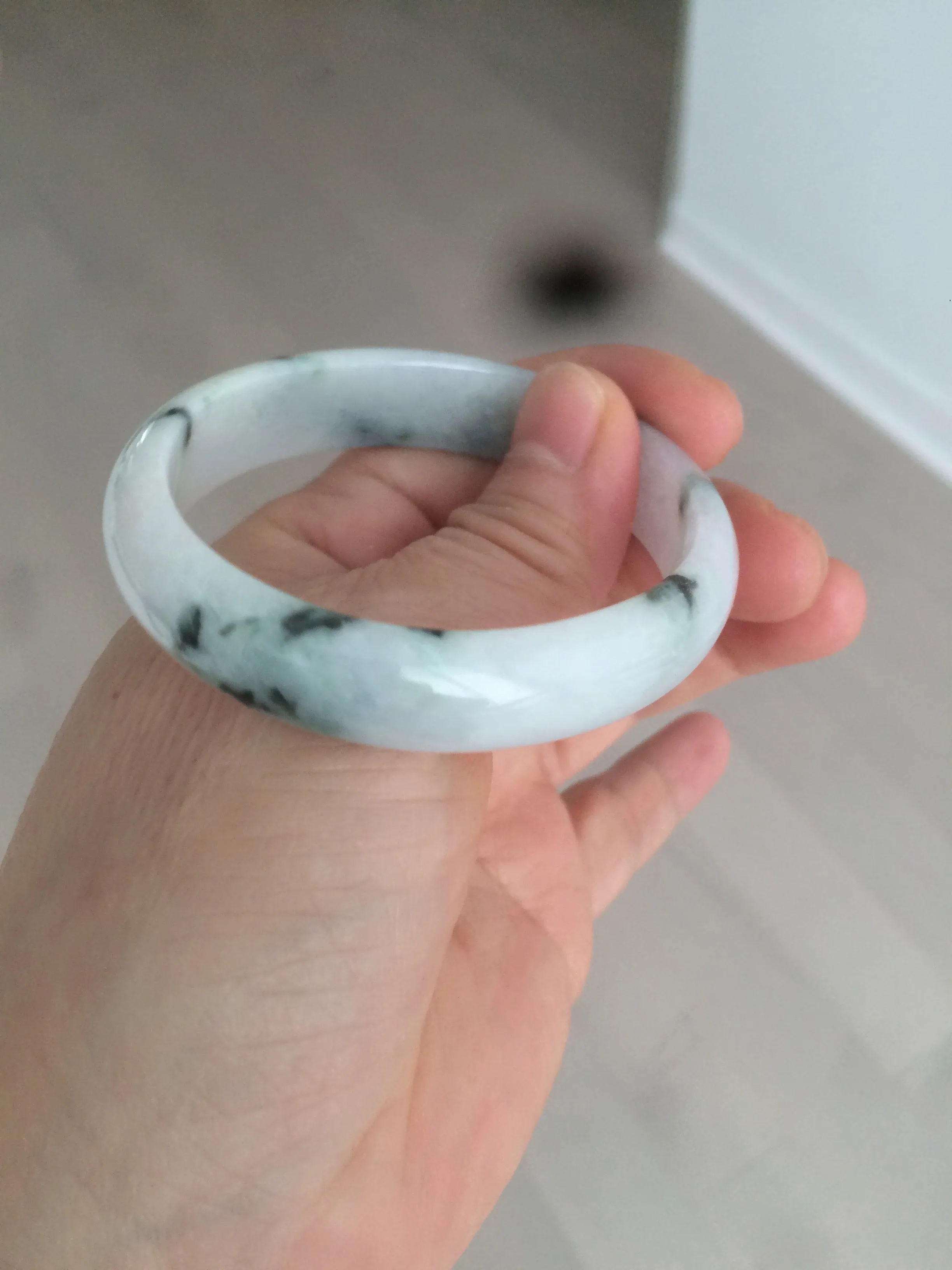 48mm certified 100% natural Type A icy watery light green/white with green floating flowers oval jadeite jade bangle B107-2330