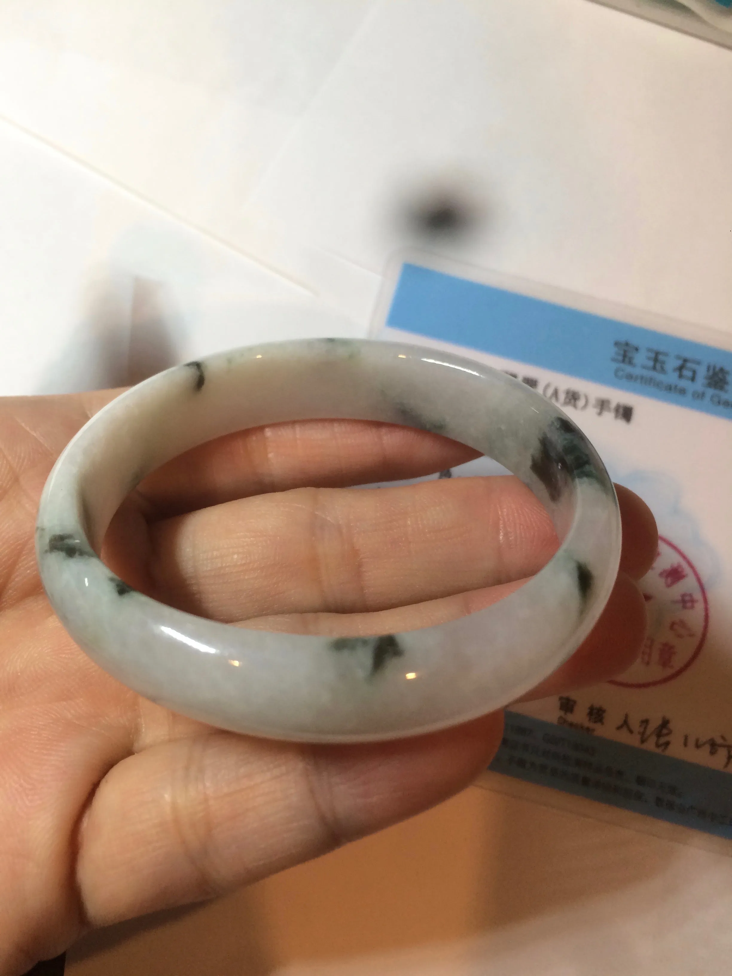 48mm certified 100% natural Type A icy watery light green/white with green floating flowers oval jadeite jade bangle B107-2330