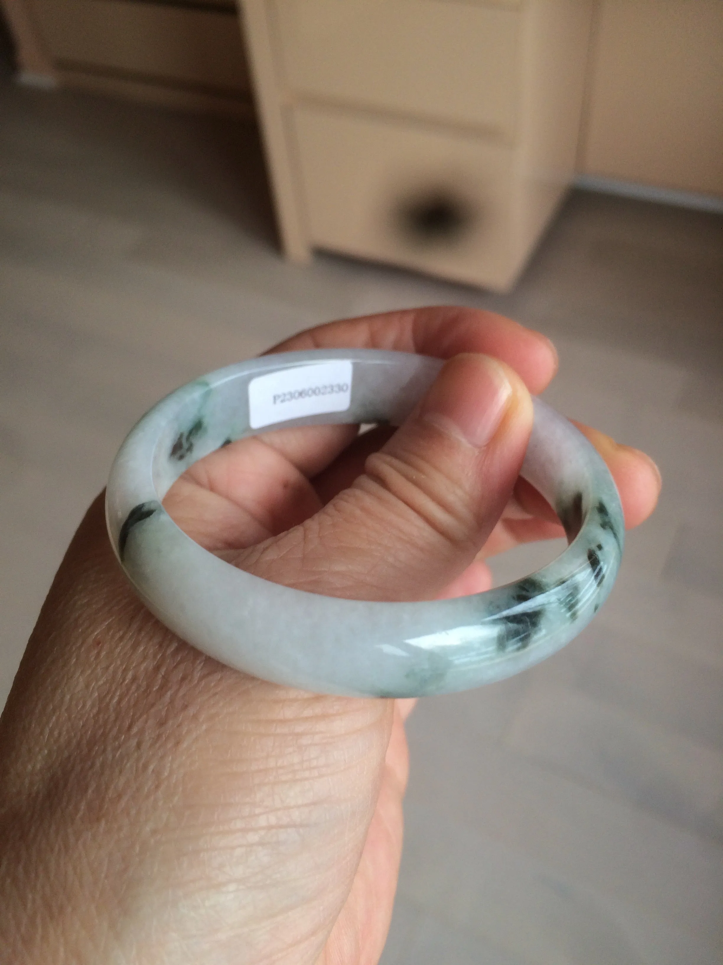 48mm certified 100% natural Type A icy watery light green/white with green floating flowers oval jadeite jade bangle B107-2330