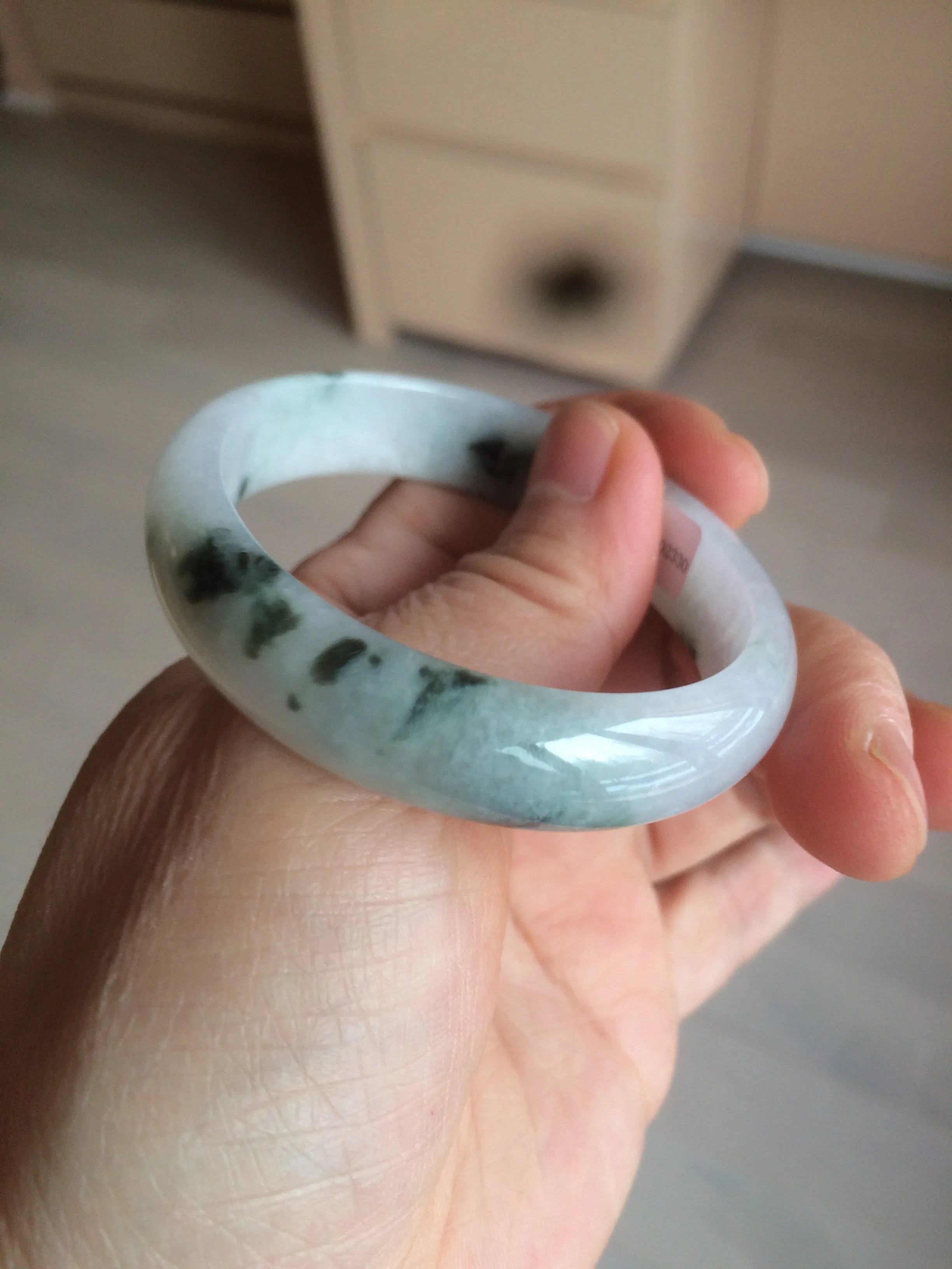 48mm certified 100% natural Type A icy watery light green/white with green floating flowers oval jadeite jade bangle B107-2330