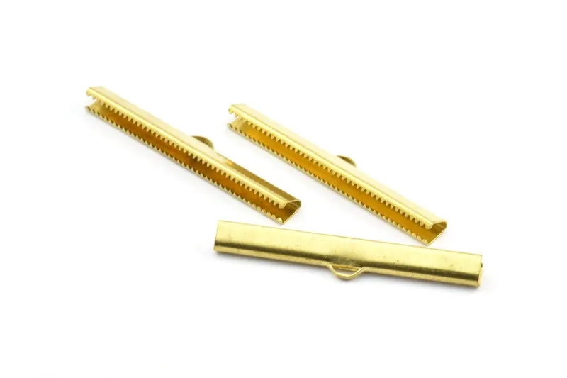 50mm Ribbon Crimp, 6 Raw Brass Ribbon Crimp Ends With Loop, Findings (50mm) D0341