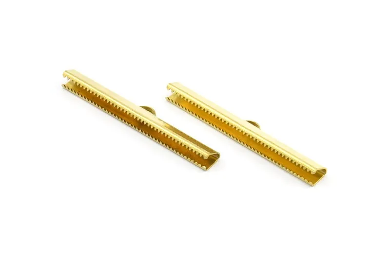 50mm Ribbon Crimp, 6 Raw Brass Ribbon Crimp Ends With Loop, Findings (50mm) D0341