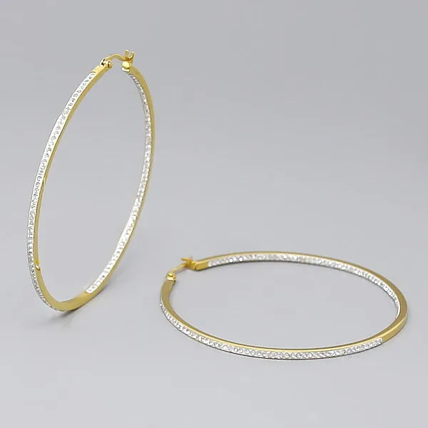 60 MM Rhinestone Pave Inside-Out Stainless Steel Hoop Earrings