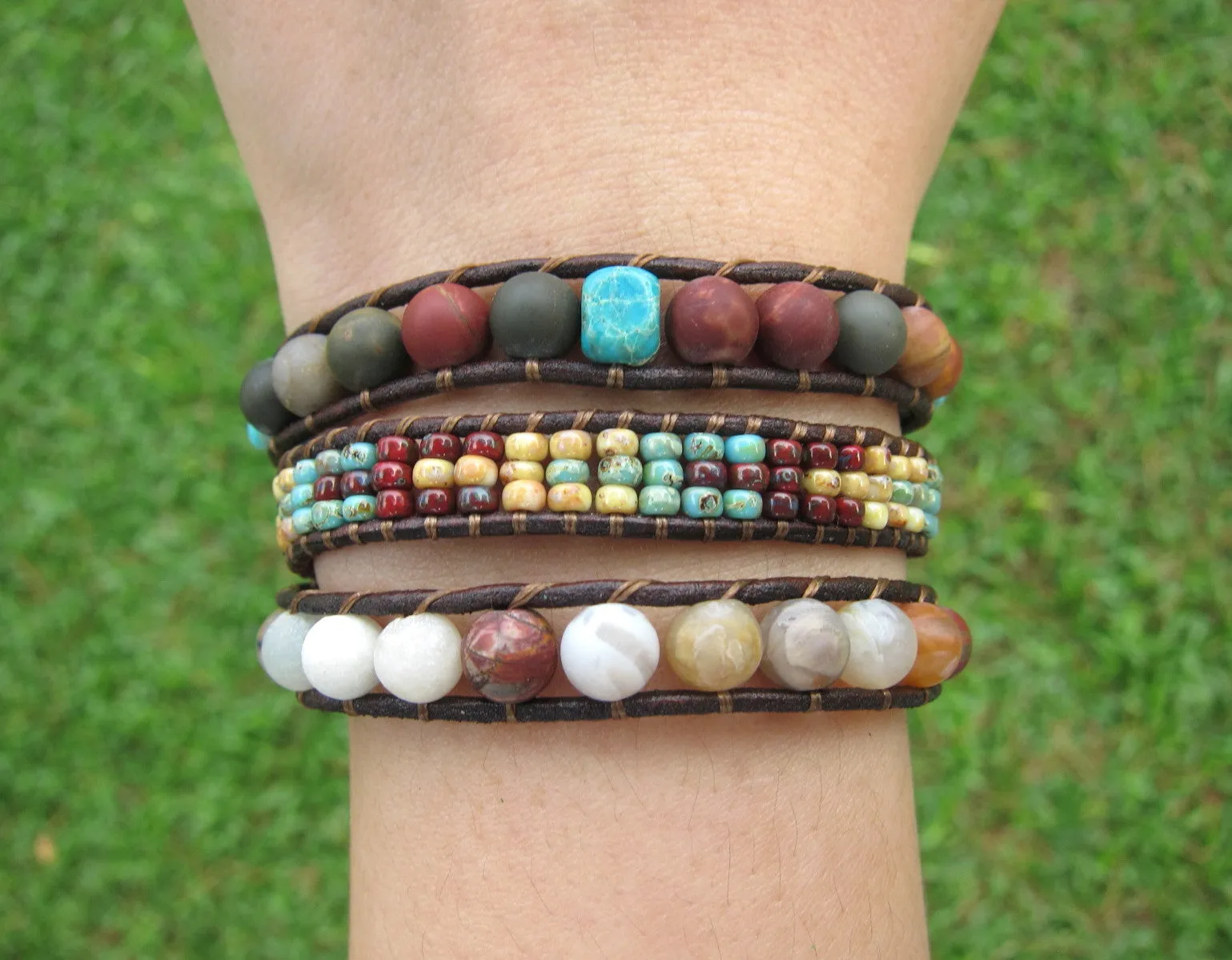 7 Chakra Jasper Bracelet - Seed Bead Stone 3X Wrap Bracelet