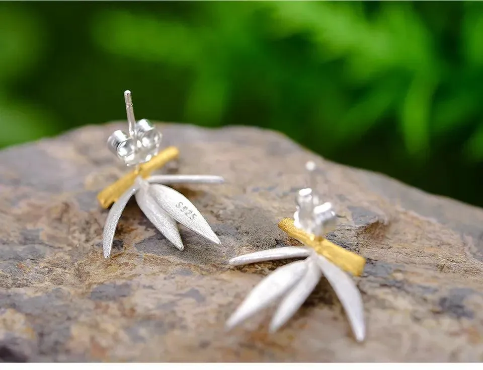 925 Sterling Silver Charm Jewelry: LFJA0114 Bamboo Leaves Earrings