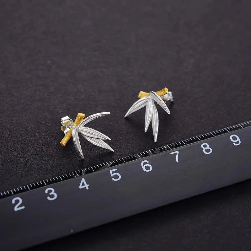 925 Sterling Silver Charm Jewelry: LFJA0114 Bamboo Leaves Earrings